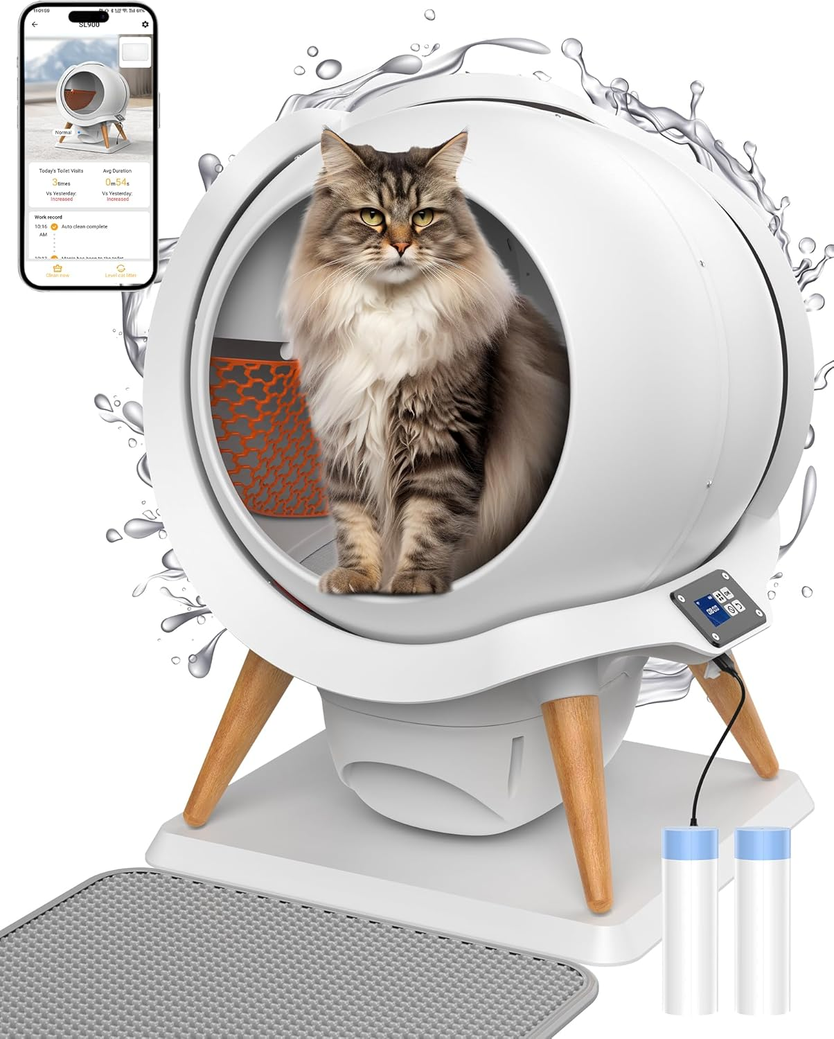 Honeyguaridan Self Cleaning Cat Litter Box, Automatic Cat Litter Box for Multiple Cats,Water Rinsable and Easy to Clean,App Control,Integrated Safety Protection,2 Roll Garbage Bags image number 2