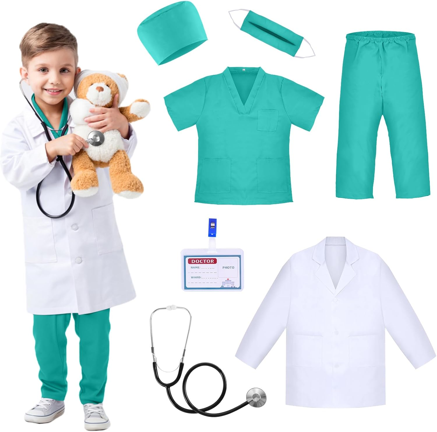 Kids Doctor Costume, Child Role Play Costumes Unisex Fancy Dress Costume Doctor Scrubs for Kids Nurse Costume for Halloween Cosplay Party