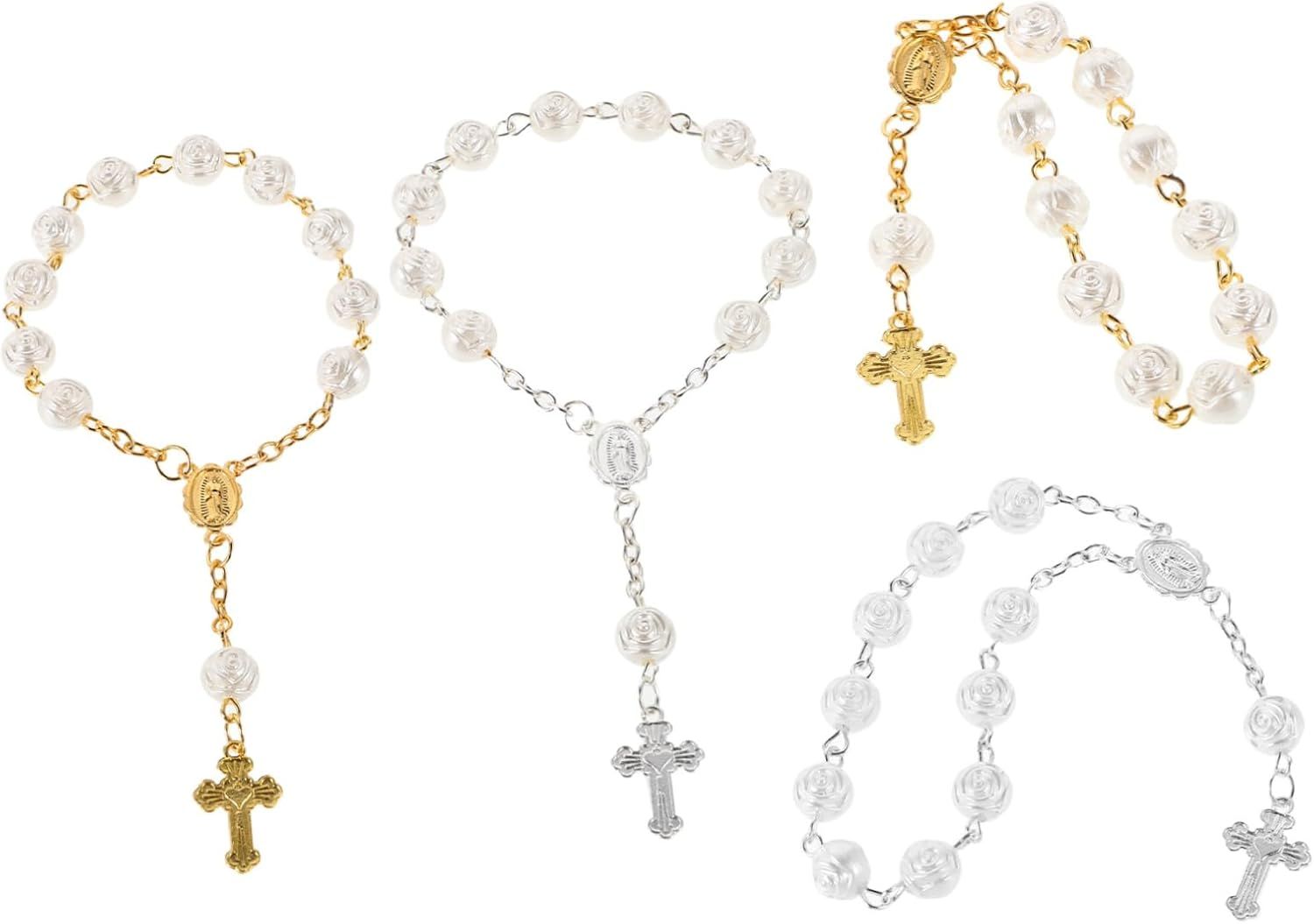 SAFIGLE 4Pcs Baptism Rosary Finger Chain Mini Rosary Beads for Girls Holy Event Favors First Communion Keepsake Wedding Religious Decor image number 2