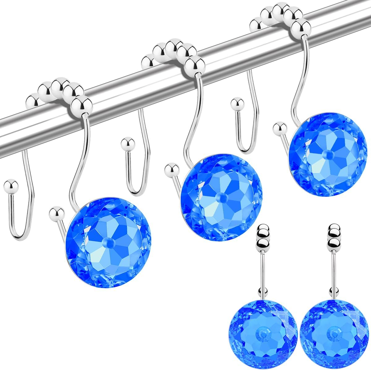 Yapicoco 12PCS Shower Curtain Hooks Rings for Bathroom, Double Hooks Glide anti Rust Crystal Rhinestones Hooks Rods Curtains and Liner (Crystal White)