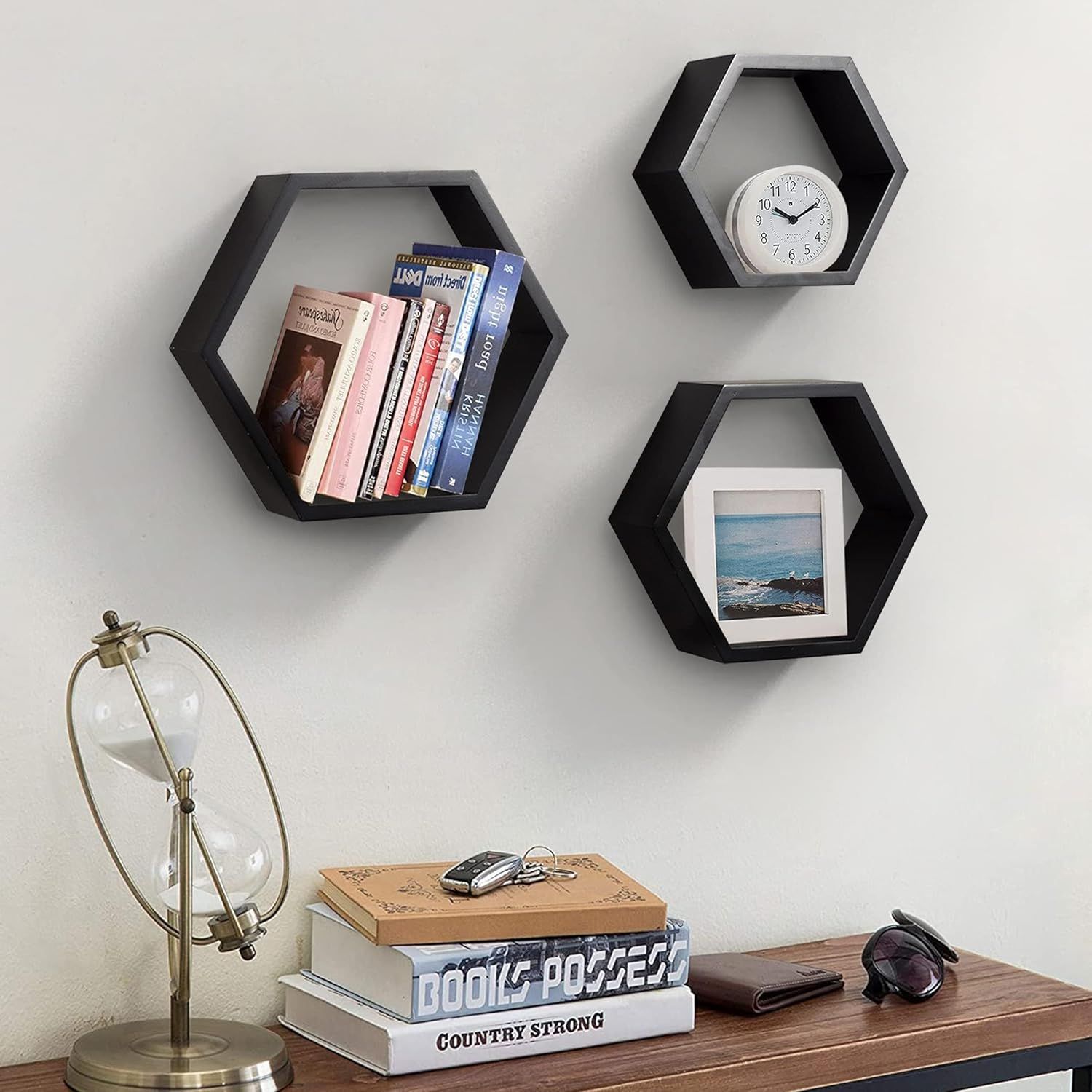 Floating Shelves, XICEN 3 Set Wood Hexagon for Wall Decor, Farmhouse Honeycomb Shelves for Living Room Decor, Bedroom, Living Room, Bathroom, Durable, Stylish & Versatile (Black) image number 5