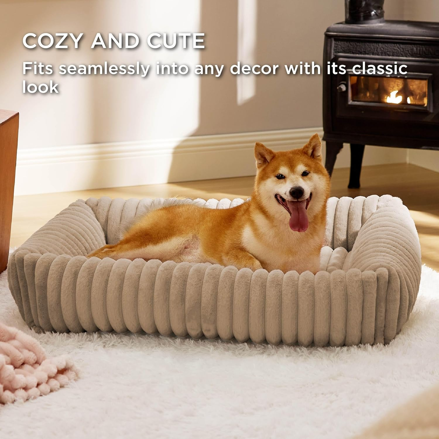 Pet Couch Bed for Large Dogs - Washable Furry Puppy Beds, Rectangle Orthopedic Corduroy Fleece Pet Beds with Removable Zipper Cover (Beige, 92 X 69 X 20 CM) image number 3