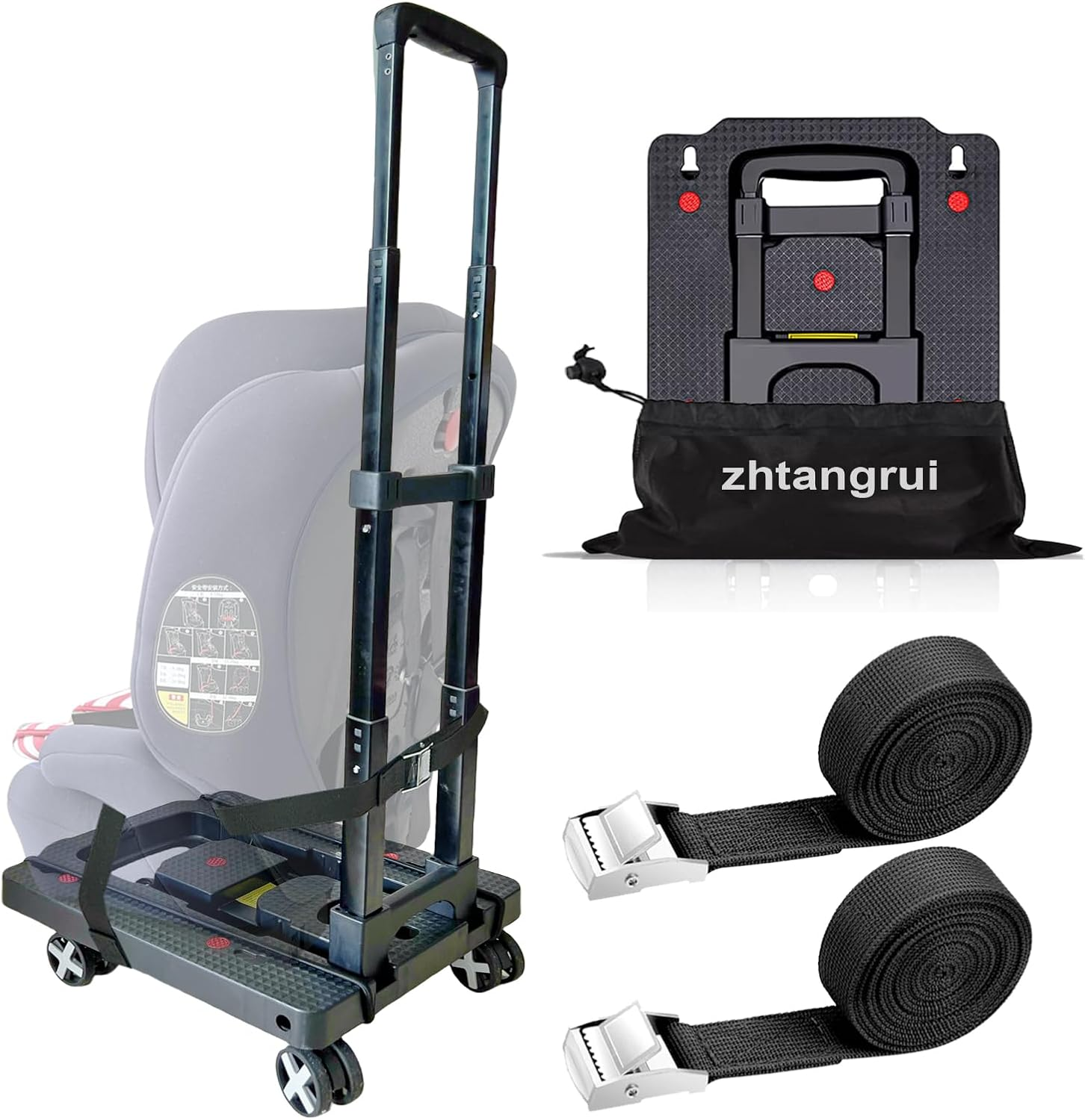 Car Seat Dolly for Airport - Carseat Roller Cart Wheels for Airplane - Car Seat Travel Cart Carrier with Straps Trolley Foldable Luggage Trolley (Black)