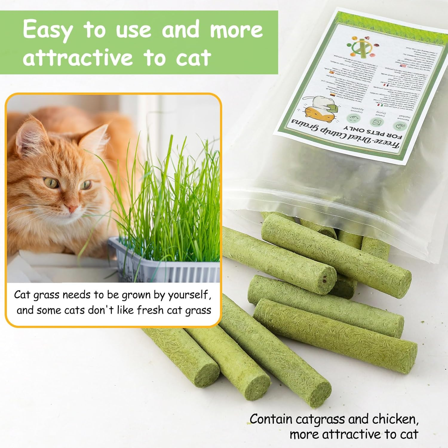 Cat Grass Stick Treats for Cat, 100G Freezed Drying Snacks for Cats, Edible Cats Chew Toys, Kitten Treats for Cleaning Teeth Remove Hair Ball image number 1