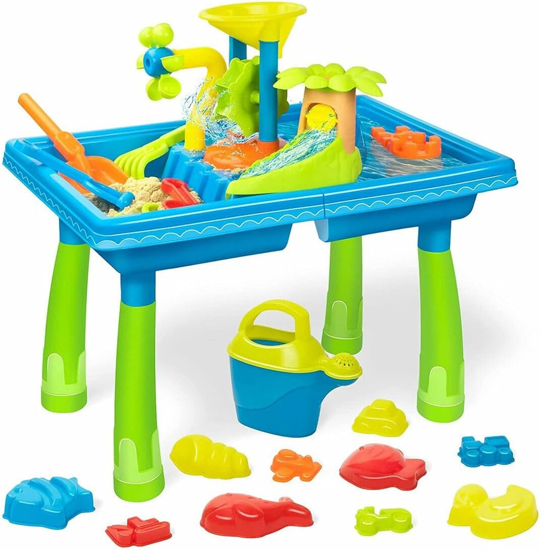 KIDBOT 2 in 1 Kids Sand and Water Play Table ， Kidbot Sand Table, Indoor Outdoor Bench Sandpit Swimming Pool Toys Activity Set,39Pcs Accessories,56 X 40 X 57Cm