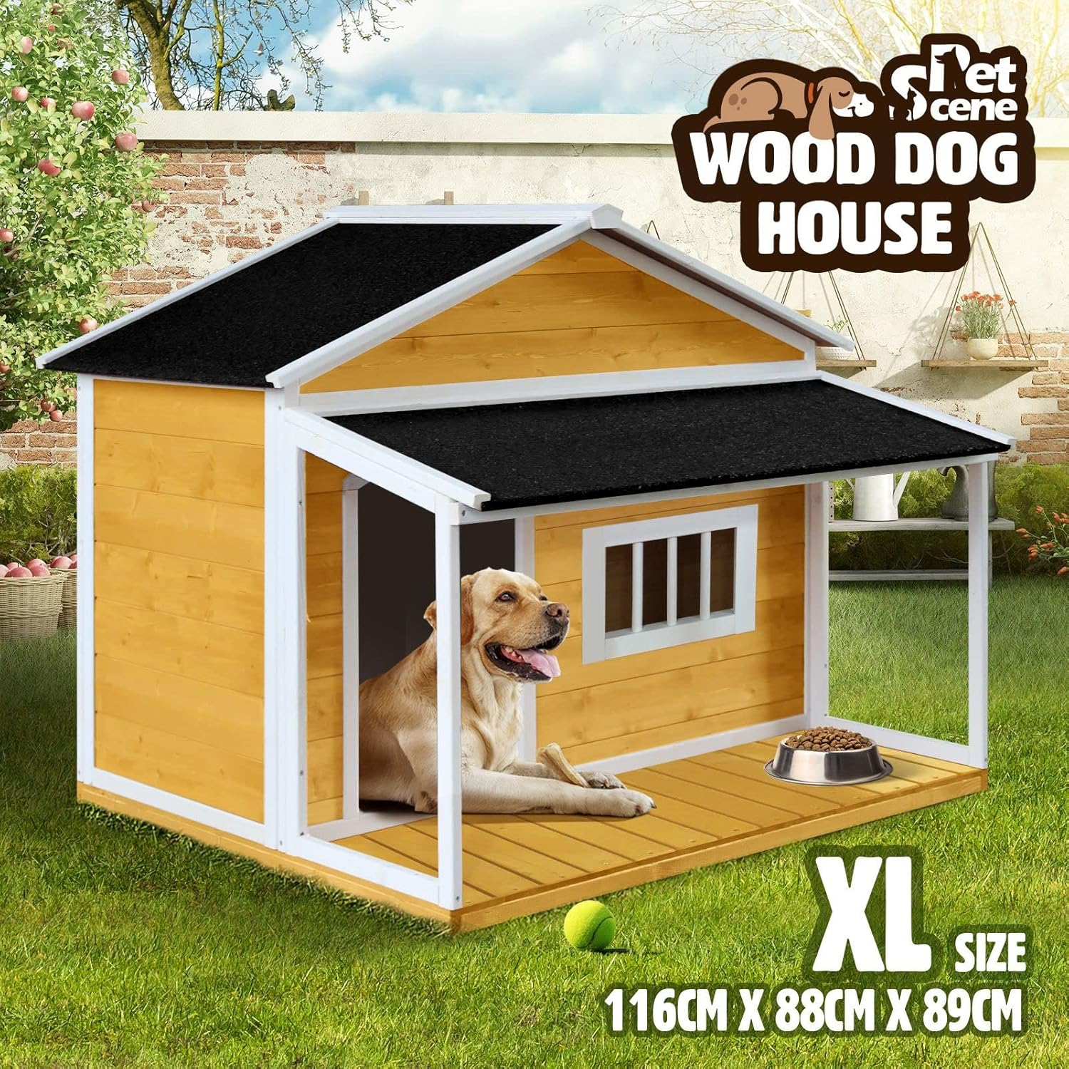 Wooden Dog House Kennel Raised Puppy Pet Shelter Home Outdoor inside with Porch Window Door Asphalt Roof XL image number 3