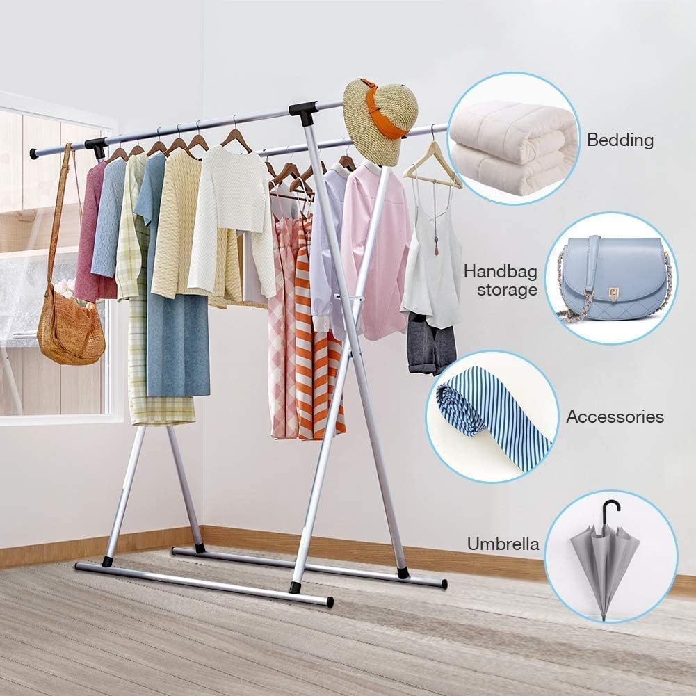 Forthcan Clothes Drying Rack Laundry Drying Racks Double Rail Adjustable Telescopic Folding Space Saving Drying Rack Multi-Functional Clothing Rack for Bedroom Living Room Laundry, Sliver image number 6