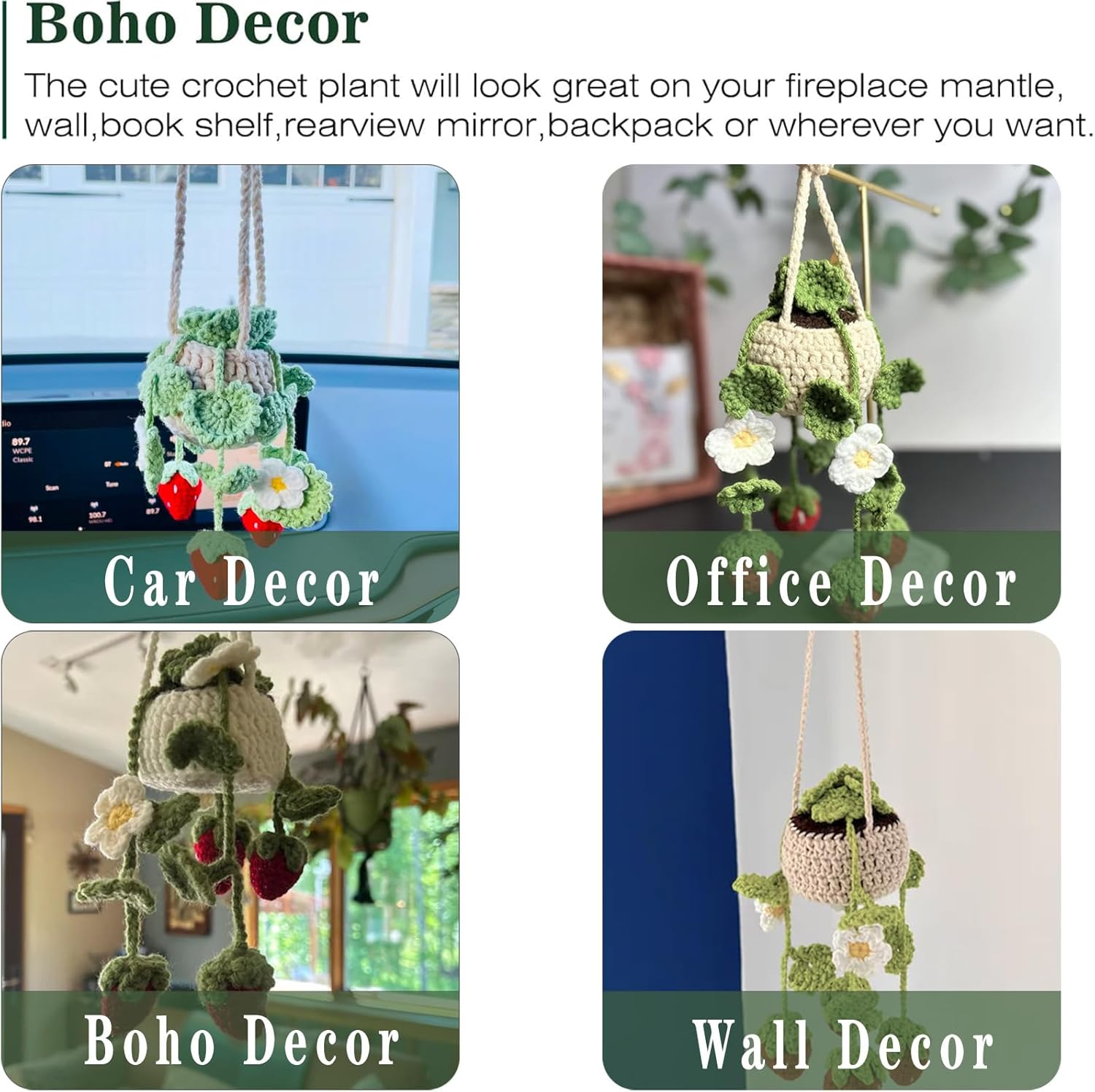 Cute Crochet Plant for Car Rear View Mirror,Boho Handmade Car Mirror Hanging Accessories for Women Girls,Green Interior Aesthetic Decor Truck Hanger Ornament Charm for Men (Red Strawberry Plant) image number 2