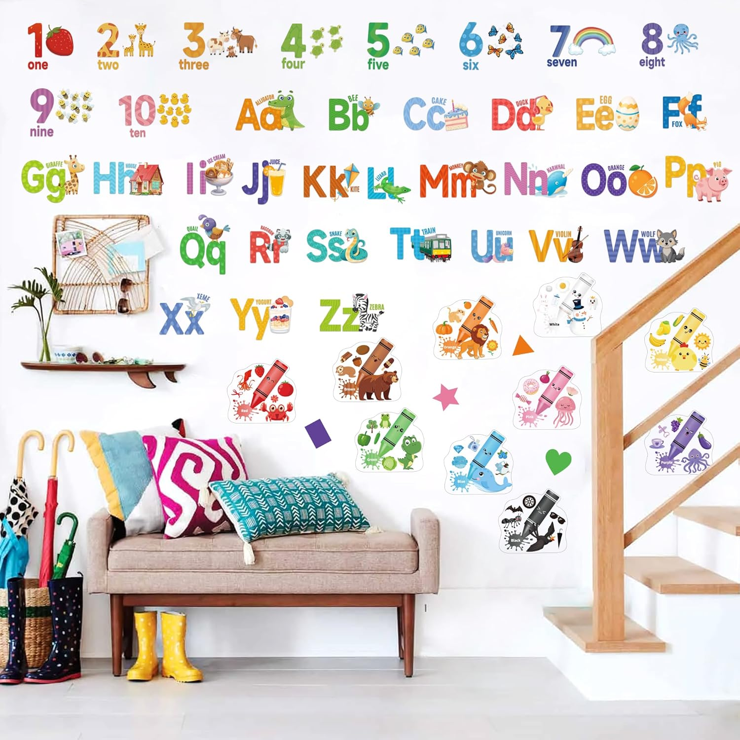 Measyth Alphabet Numbers Wall Decals,Animal ABC Letters Stickers Color Shape Wall Decal for Room Decor,Peel and Stick Removable Stickers for Classroom Bedroom Decoration