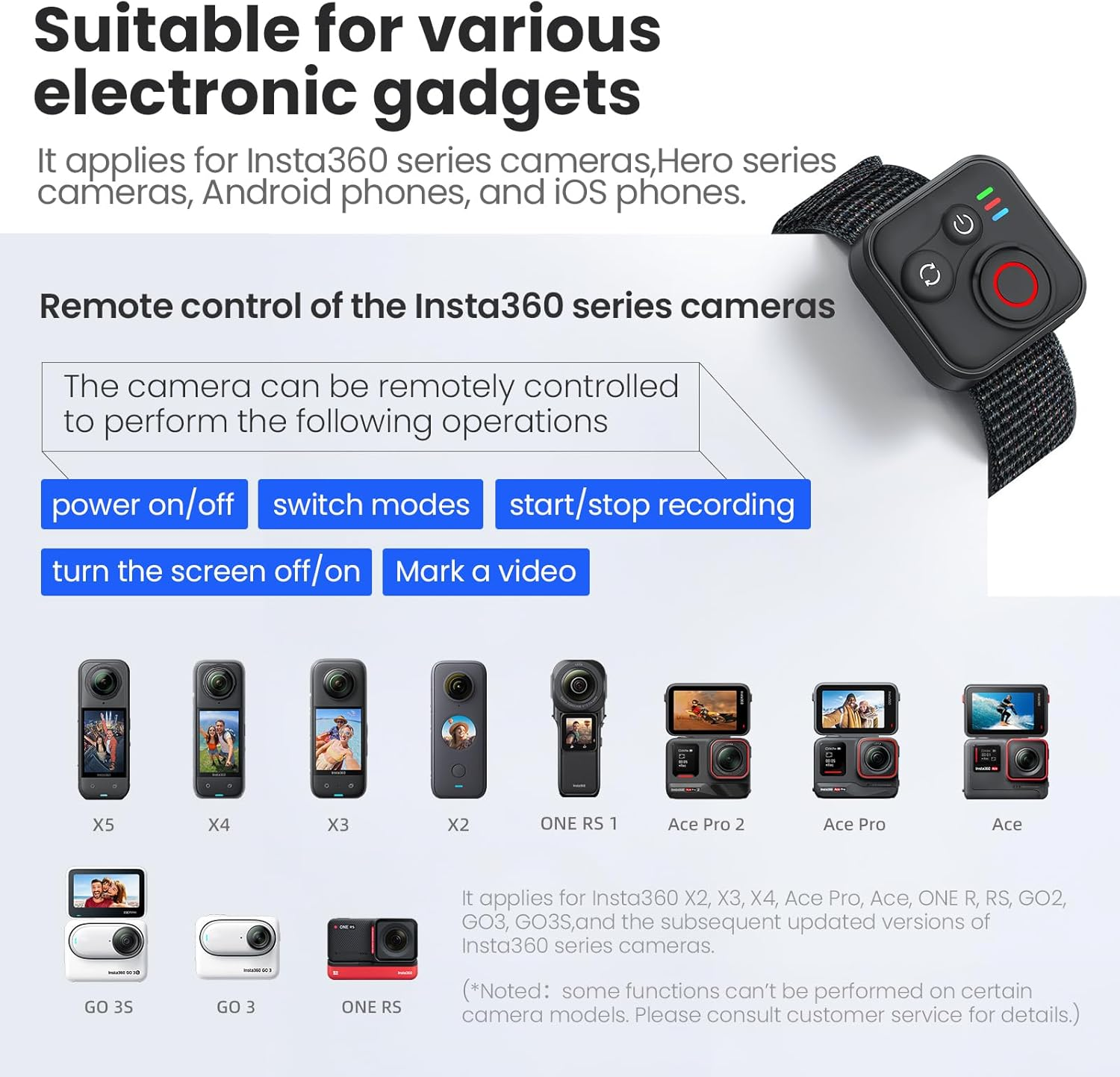 Zlit Bluetooth Remote Control for Insta360 X5/X4/X3/Ace Pro2/Ace Pro/Ace/One R/RS/GO 3S/Go3/Hero 8/9/10/11/12 Camera Action Smart Remote with Wrist Strap and Cable image number 3