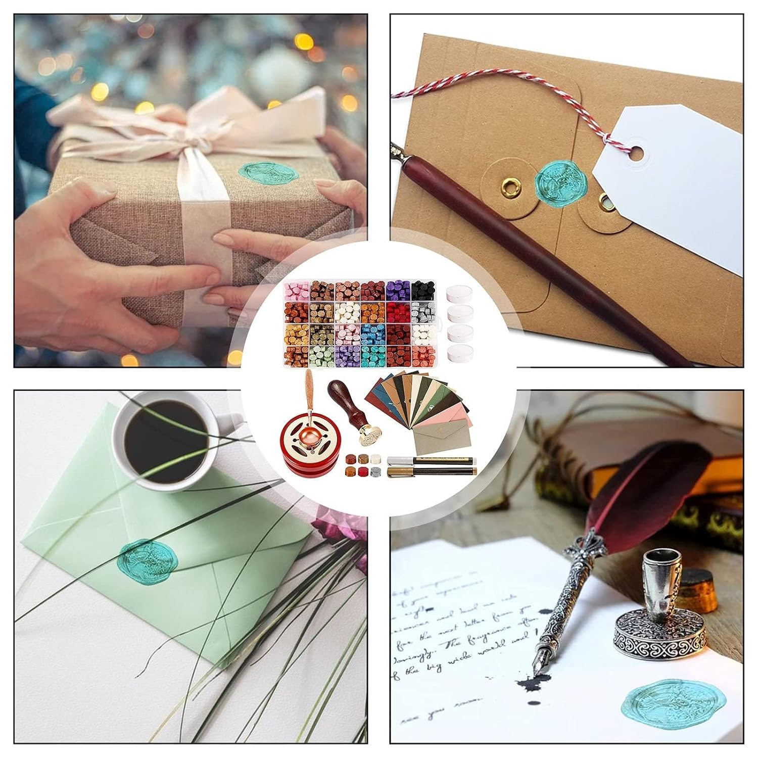 620Pcs Wax Seal Stamp Kit, Wax Seal Set with Wax Seal Beads, Sealing Wax Warmer, Vintage Envelopes, Wax Stamp and Metal Pen, Sealing Wax for Invitations, Cards, Envelopes, Gift Wrapping image number 3