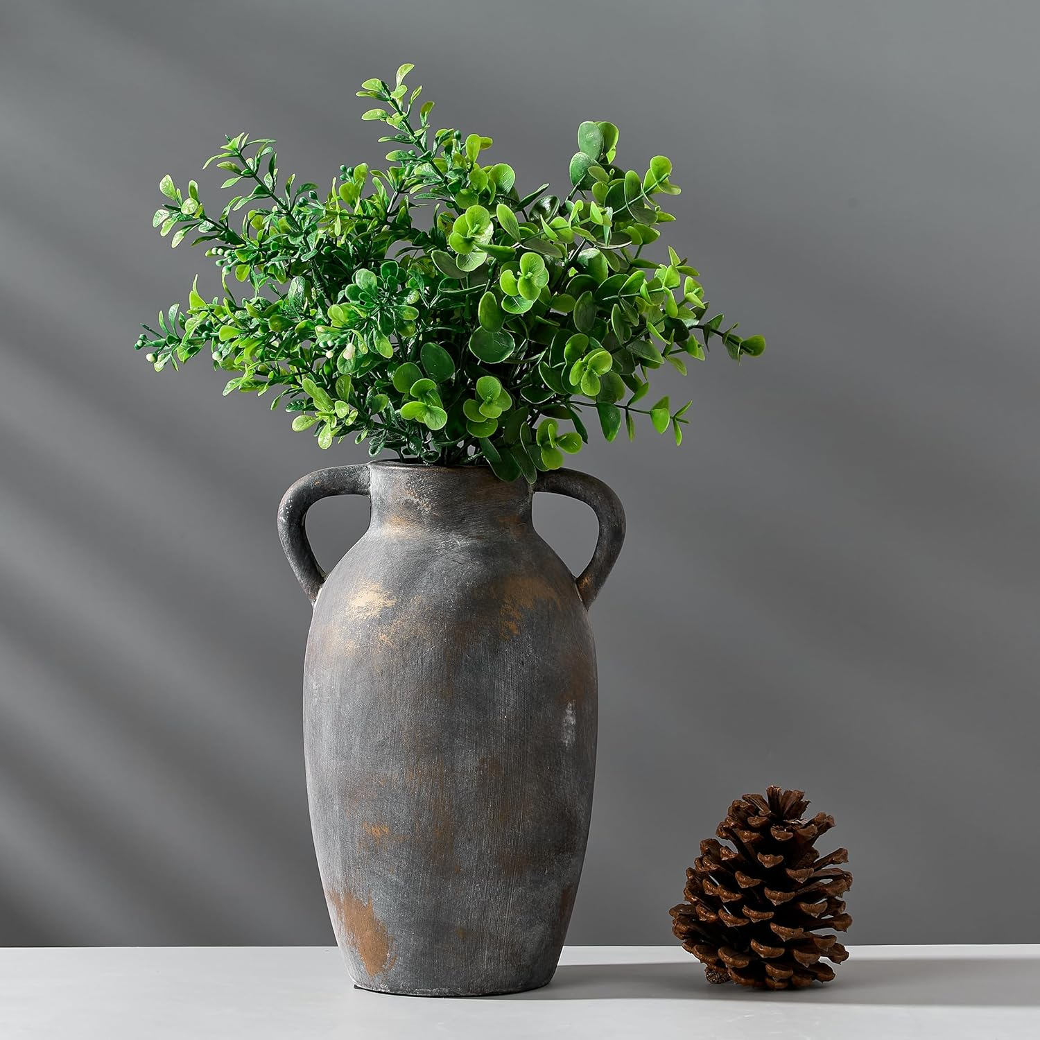 5.8 Inch Terracotta Vase with Handles, Rustic Vase for Home Decor, Farmhouse, Living Room, Table - Gray, Set of 1