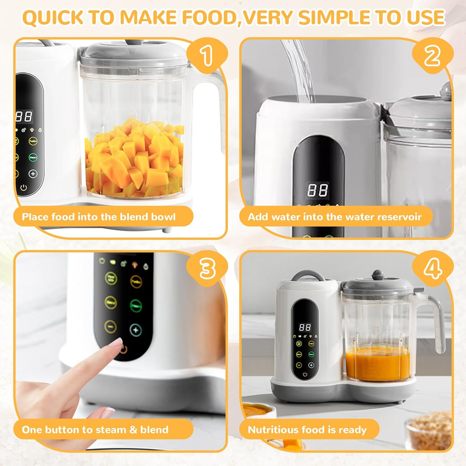 Baby Food Maker, Baby Food Processor, One Level Baby Food Maker, Steamer Mixing, Baby Porridge Maker, Baby Steaming, 400 Ml, 4 Cooking Presets, Automatic Cooking, Self-Cleaning image number 1