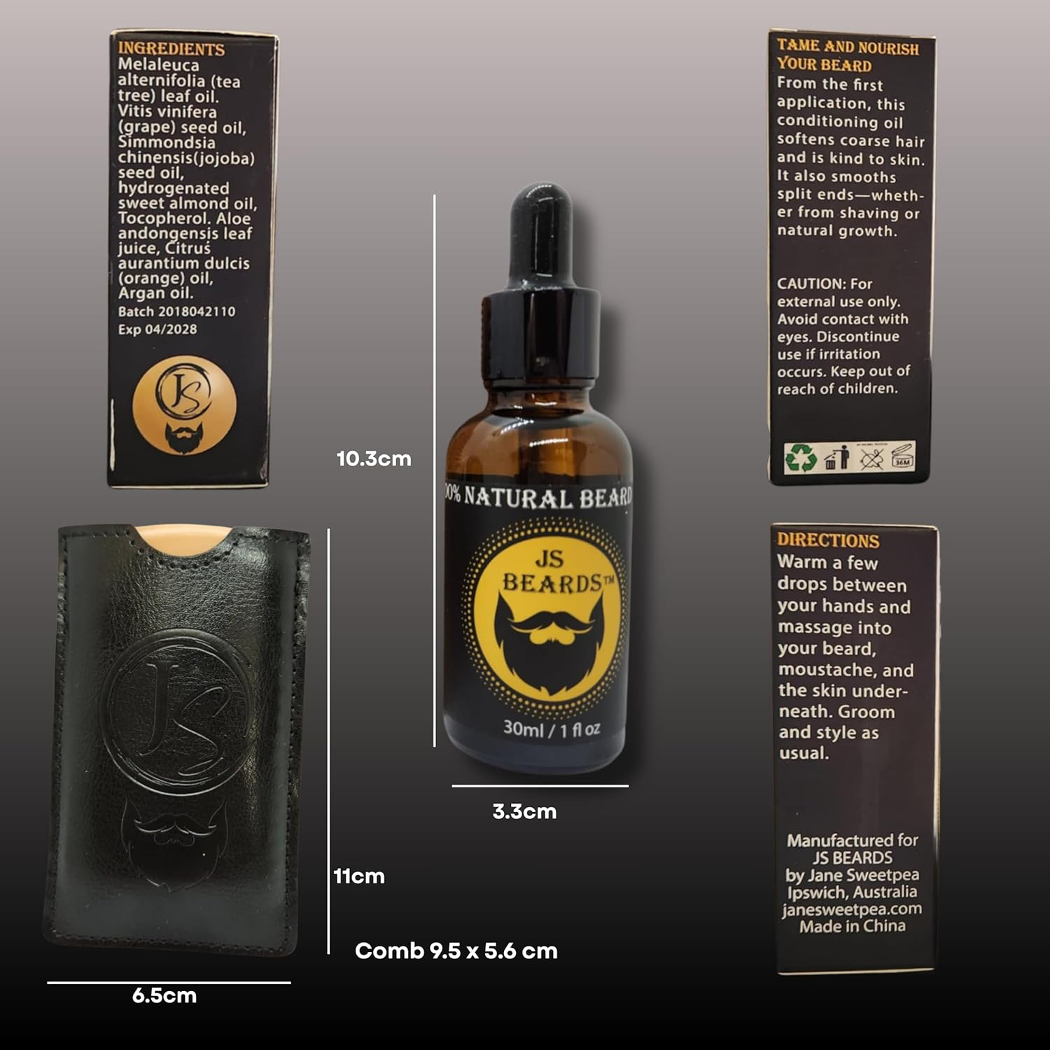 JS Beards All Natural Beard Care Collection 4Pc Grooming Kit &ndash; Oil, Balm, Pearwood Comb, & Jute Storage Pouch &ndash; Men&rsquo;S Gift - No Parabens No Silicone - by Jane Sweetpea image number 1