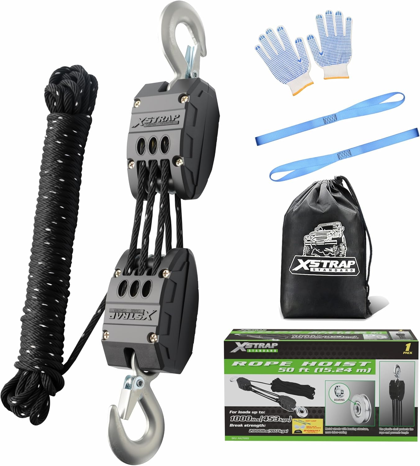 XSTRAP Standard Heavy-Duty 2,000LB Reflective Rope Hoist Pulley 50 Feet Wheel Block and Tackle System with 2PK 18 Inch Soft Loops for Animal Husbandry, Garage, Warehouse, Constructions