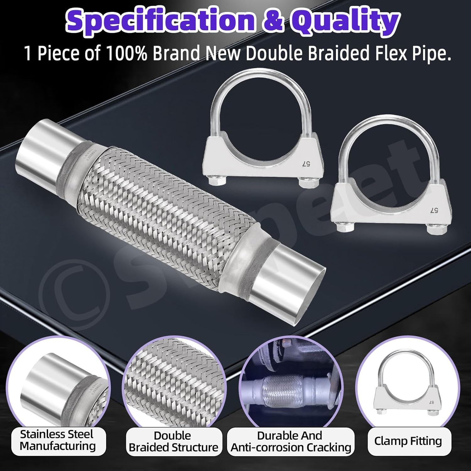 Swpeet 3Pcs 2.5 X 7.9 Inches Exhaust Flex Pipe with 2.5 Inches Exhaust U Clamp Kit, Universal Type Stainless Steel Double Braid Zinc Pipes Exhaust Flex Tube Ideal for Heavy Duty and Cars image number 5