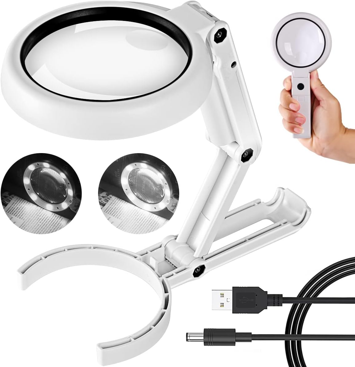 30X 10X Magnifying Glass with Light and Stand, Foldable Handheld Magnifying Glass & 2 Level Dimmable for Close Work, Macular Degeneration, Seniors Reading, Powered by Battery or USB image number 4