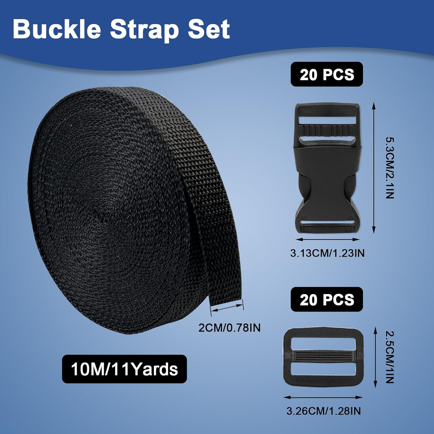 10M Nylon Webbing Strap with 20 Pairs of Buckles, 20Mm Black Nylon Strap with Quick Release for Backpack Luggage Strap Dog Collar image number 2