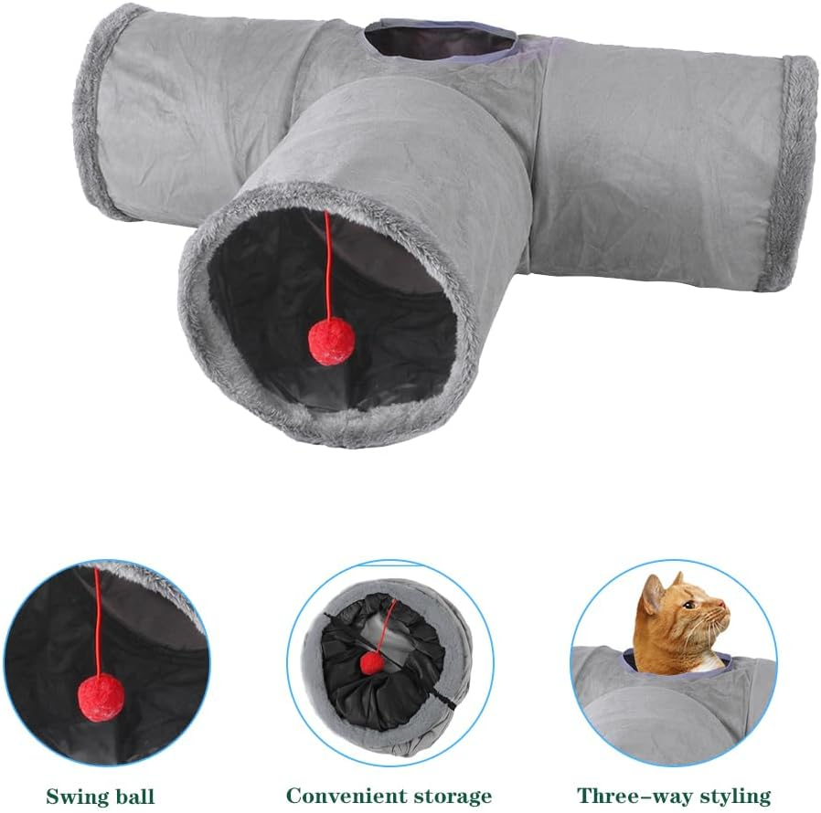 CEWROM Cat Tunnel, 3-Way Foldable Cat Tunnel Cat Toy, T-Shaped Cat Play Tunnel with Ball, Rustling Tunnel for Cats, Rabbits and Guinea Pigs, Grey image number 3