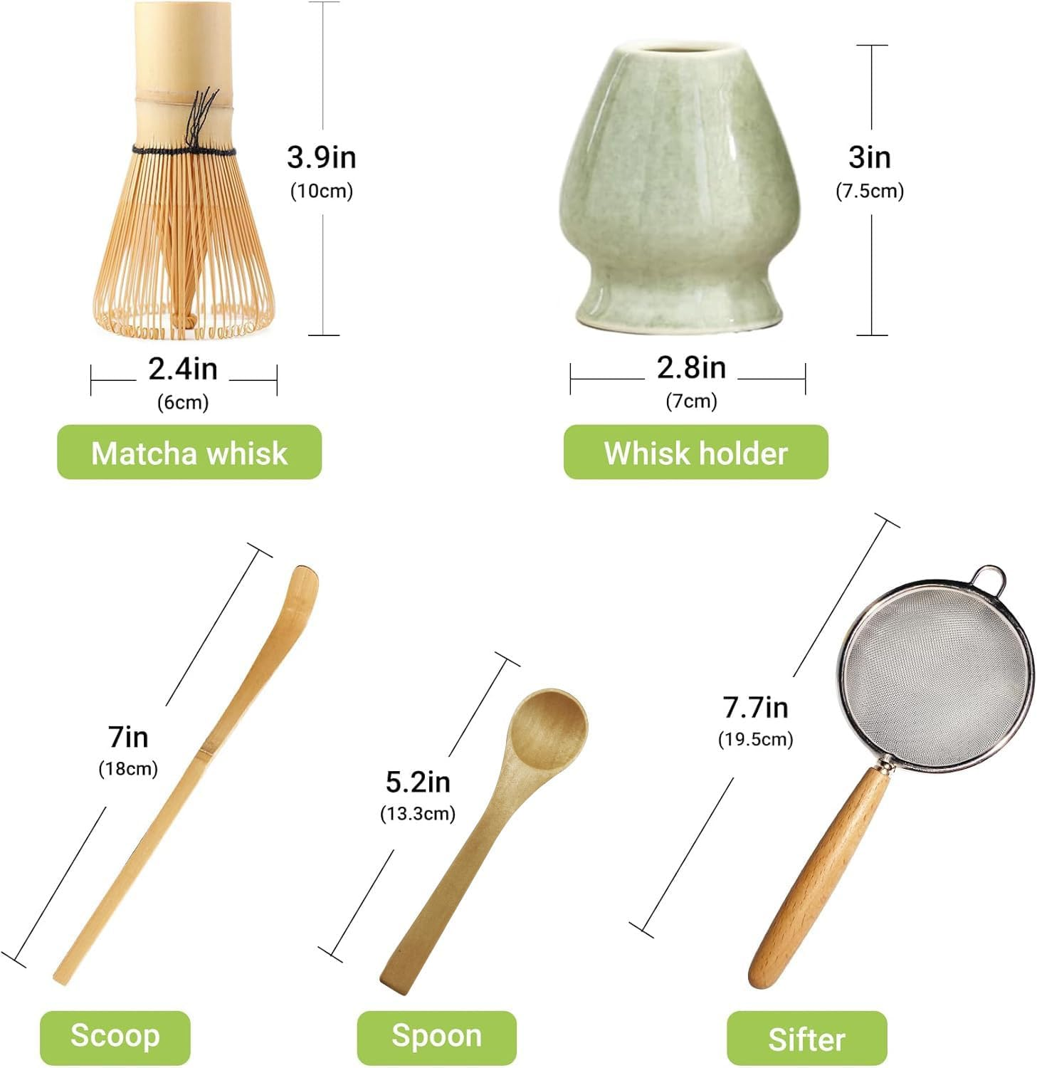 Premium Matcha Whisk Set for Japanese Tea Ceremony | 5-Piece Kit with Bamboo Whisk (Chasen), Scoop, Spoon & Steel Sifter | Authentic Traditional Tea Tools | Classic Green Design image number 3