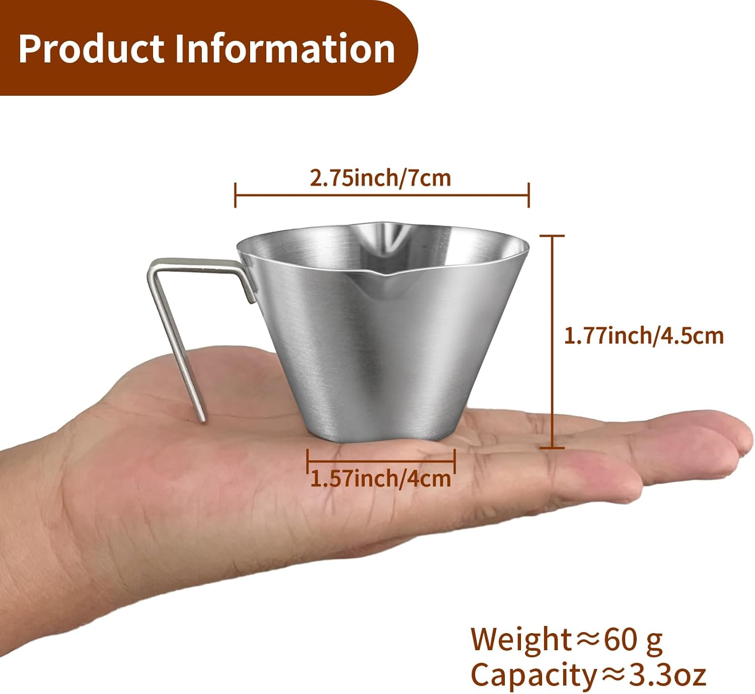 YARRAMATE Espresso Cup with Handle, Stainless Steel Accessories 2Pcs, Double Spout Metal Measuring Cup with Dual Scale, V-Shaped Mouth Shot Glass (Silver), 3.4OZ / 100ML image number 4