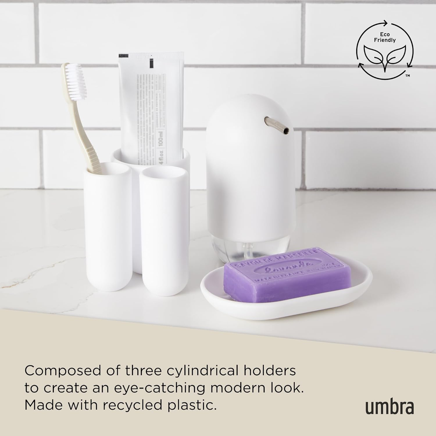 Umbra Touch Toothbrush Toothpaste Modern Bathroom Storage Organizer Holders Stand Rack with Multi-Functional 3 Slots and Dividers-Doesn'T Wobble or Fall Over, 3 &frac12; X 3 X 4 Inches, White Bath image number 6