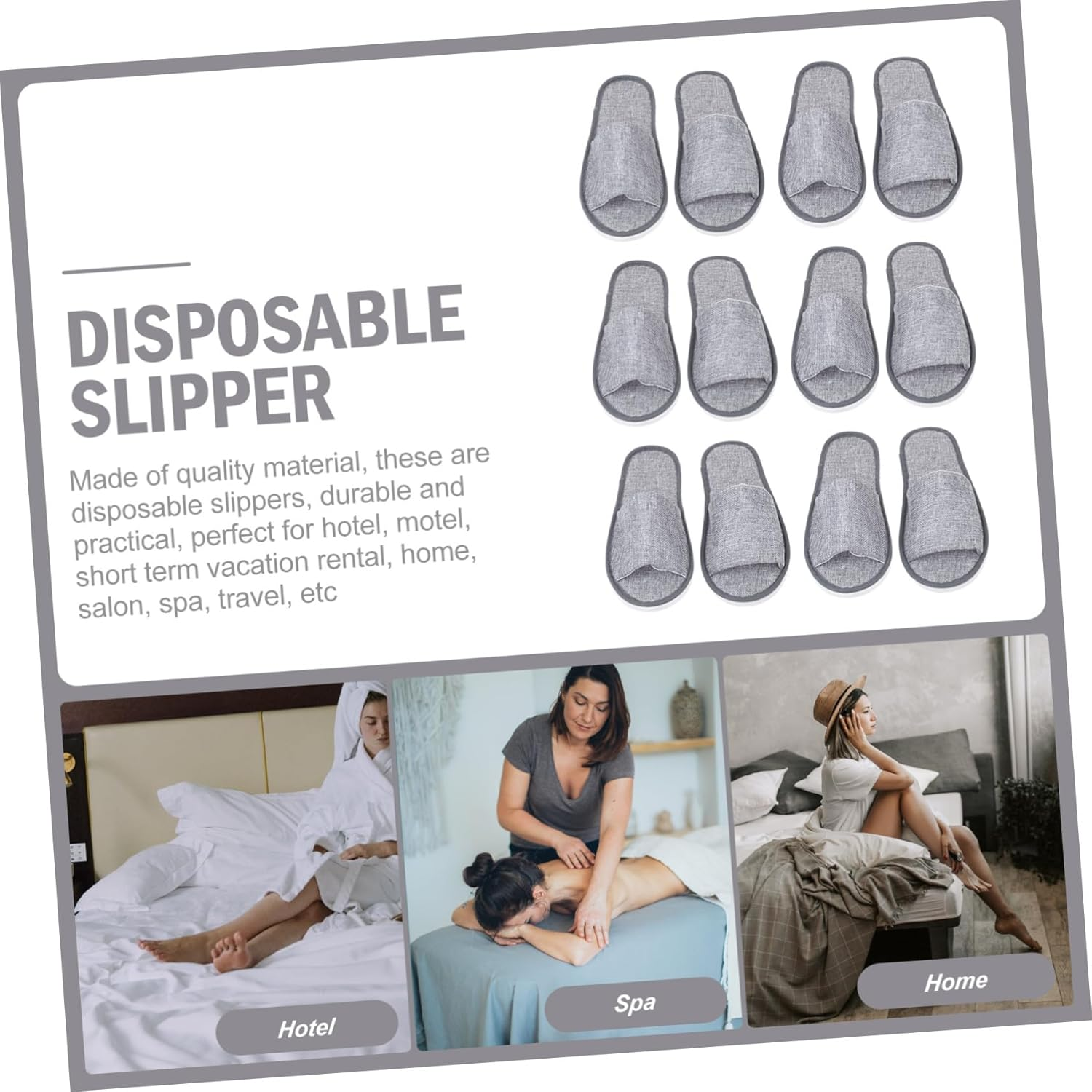 Outanaya 6 Pairs Breathable Open Toe Disposable Slippers Non Slip Floor Slippers for Travel Lightweight Comfortable Cotton Linen Gray image number 3