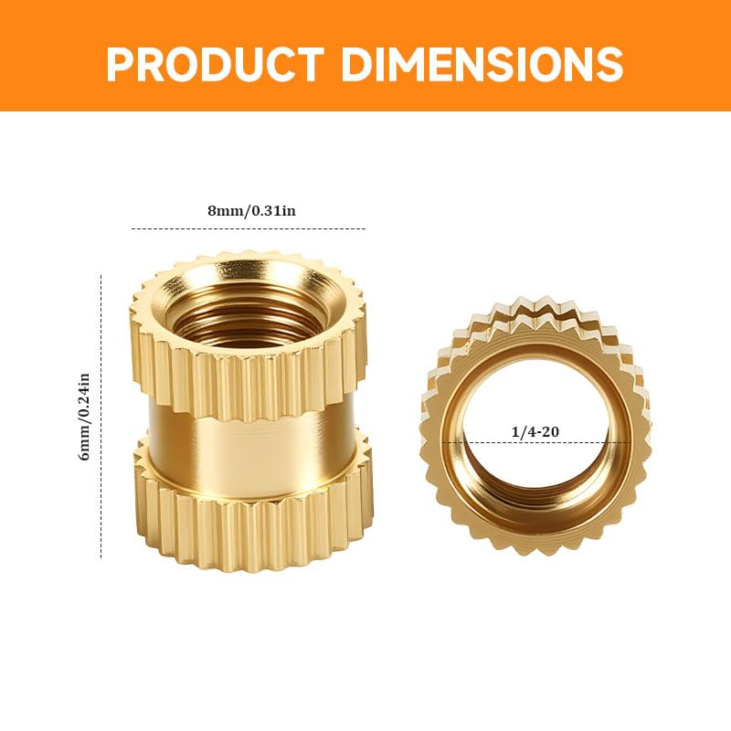 Knurled Nuts Thread Lnsert, 25Pcs Brass Double Hole 1/4X6X8Mm, Threaded Insert Nuts 3D Printing、 Wood with Bolts、Plastic image number 1