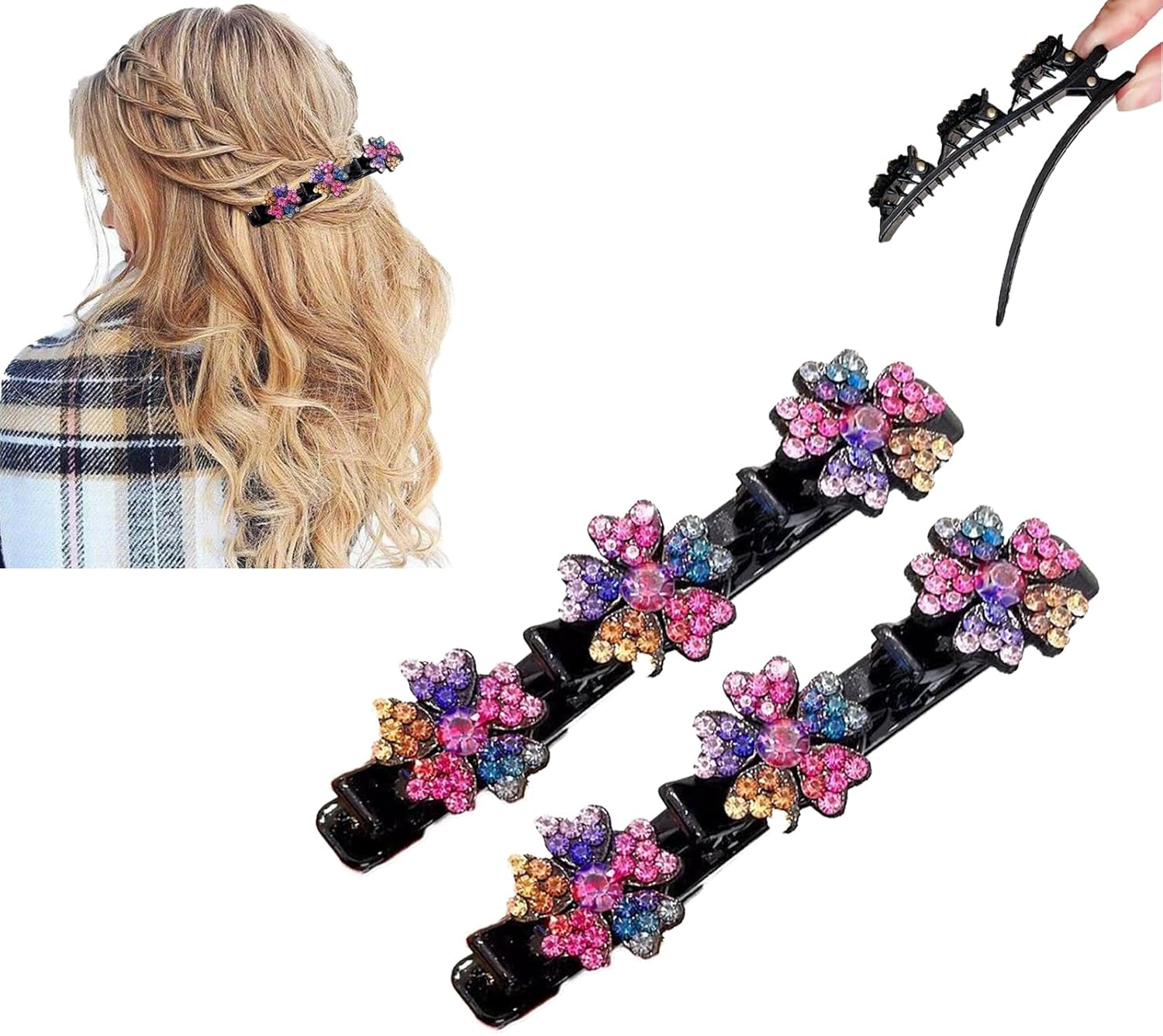 Sparkling Crystal Stone Braided Hair Clips, 2024 New Women'S Shiny Rhinestone Duckbill Clips for Ladies and Girls(2Pcs) (Colourful) image number 5