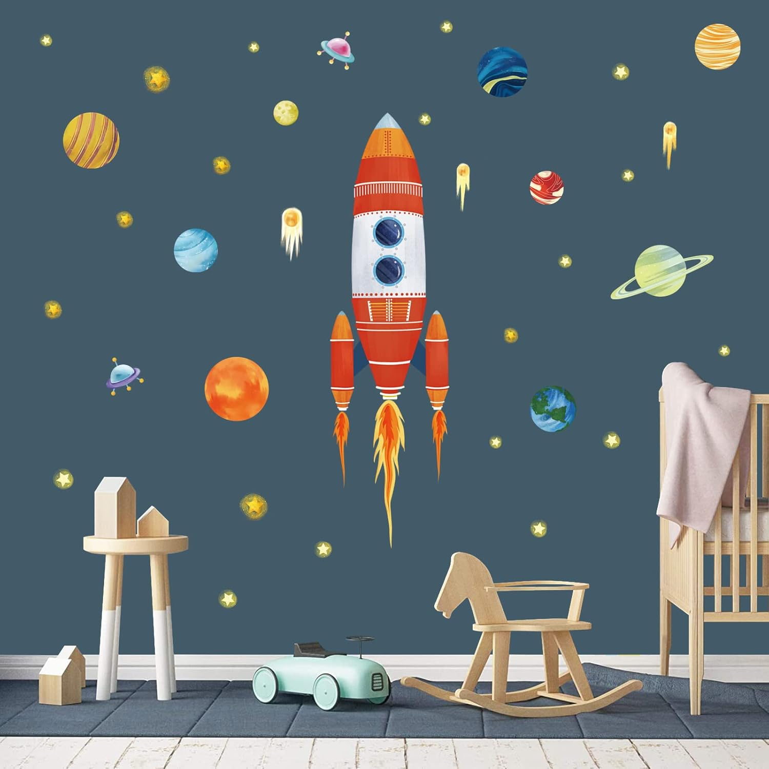 Wondever Rocket Wall Stickers Outer Space Planets Peel and Stick Wall Art Decals for Baby Nursery Kids Bedroom Playroom (H:40 Inches) image number 3