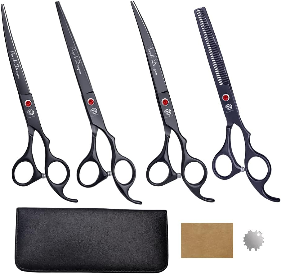 Purple Dragon Professional 7.0 Inch 4PCS Pet Grooming Scissors Kit Japan Premium Steel Straight & Curved & Thinning Blade Dog Hair Cutting Shears Set with Case (Blue)