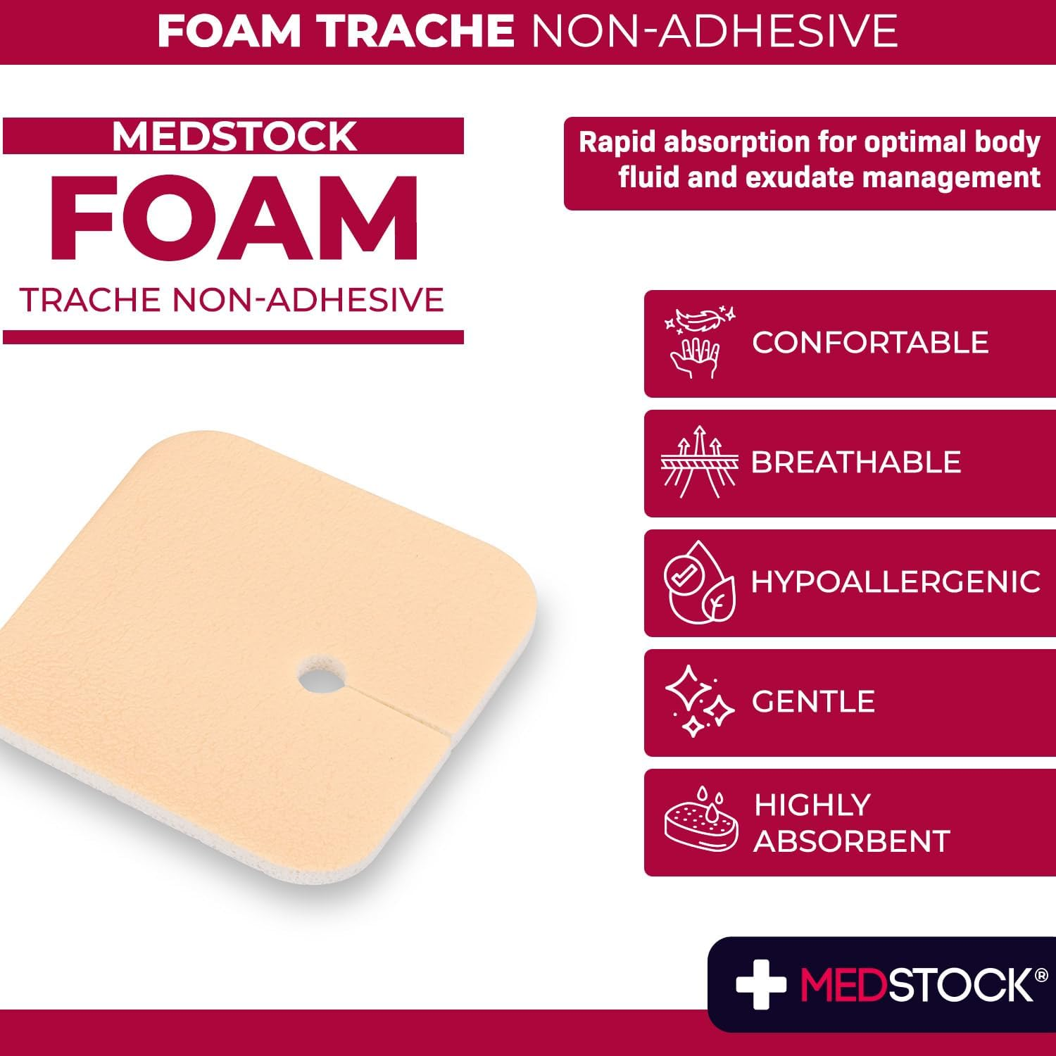 MEDSTOCK Foam Non-Adhesive Tracheostomy Dressing, TRACHY 9CM X 9CM, 10 Count, Wound Care, High Absorption, Stoma Management, Drain Management, CMC Granules image number 2