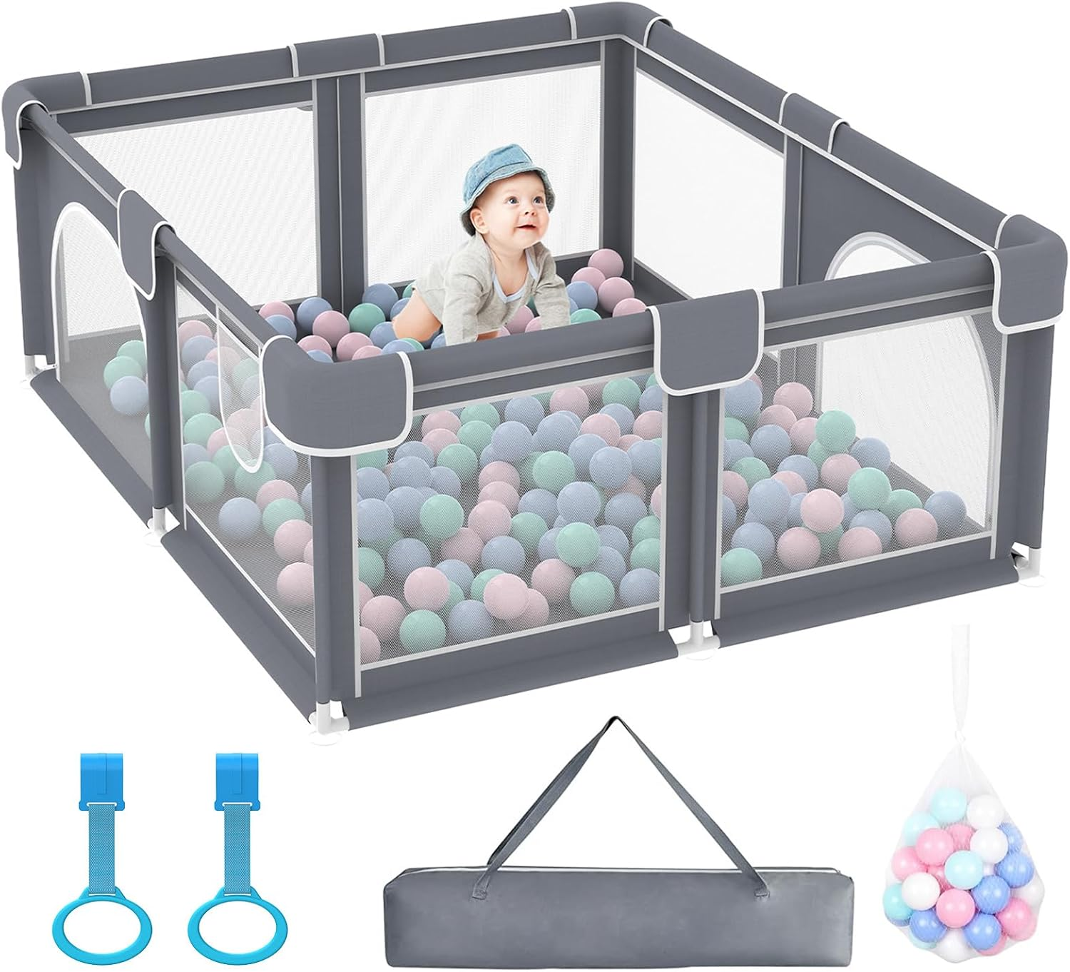 Advwin Baby Playpen 185 &times; 155Cm,Large Playpen for Toddlers,Sturdy Playpen with Soft Breathable Mesh,50 Ocean Ball and Pull Tabs,Non-Slip Base,Indoor & Outdoor Kids Activity for Infant Safety(Gray) image number 4