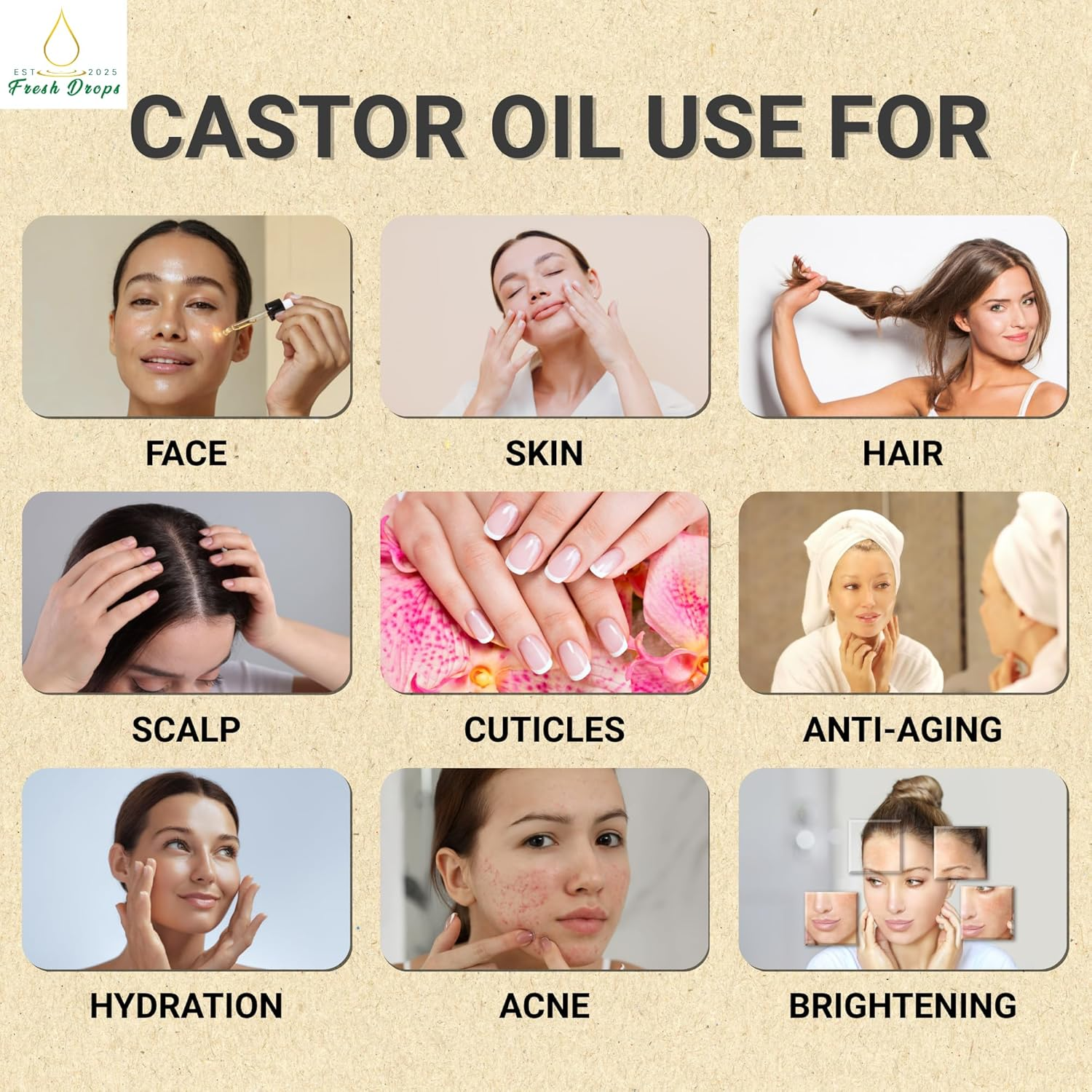 Fresh Drops Organic Castor Oil 200Ml, Pure Cold Pressed, Hexane Free, Fresh Drops- Stimulate Growth for Eyelashes, Eyebrows, and Hair, Smooth Face, and Skin