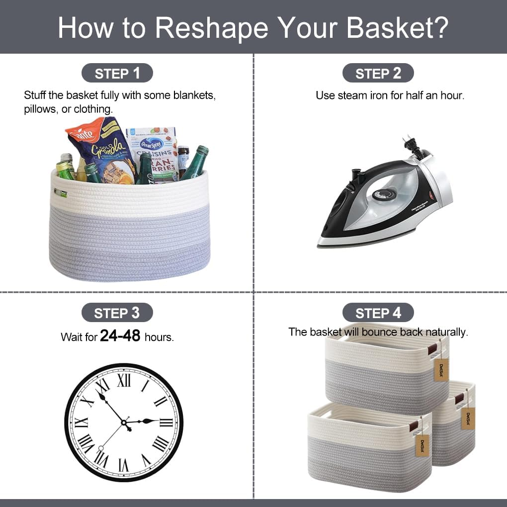 Delsol Cotton Rope Woven Basket, 3 Pack 38X26X23Cm Rectangle Storage Basket with Handle for Living Room, Bathroom, Blanket Clothes Pillows Laundry Hamper, Baby Nursery, Toy Organizer(White & Gray) - Beige image number 6