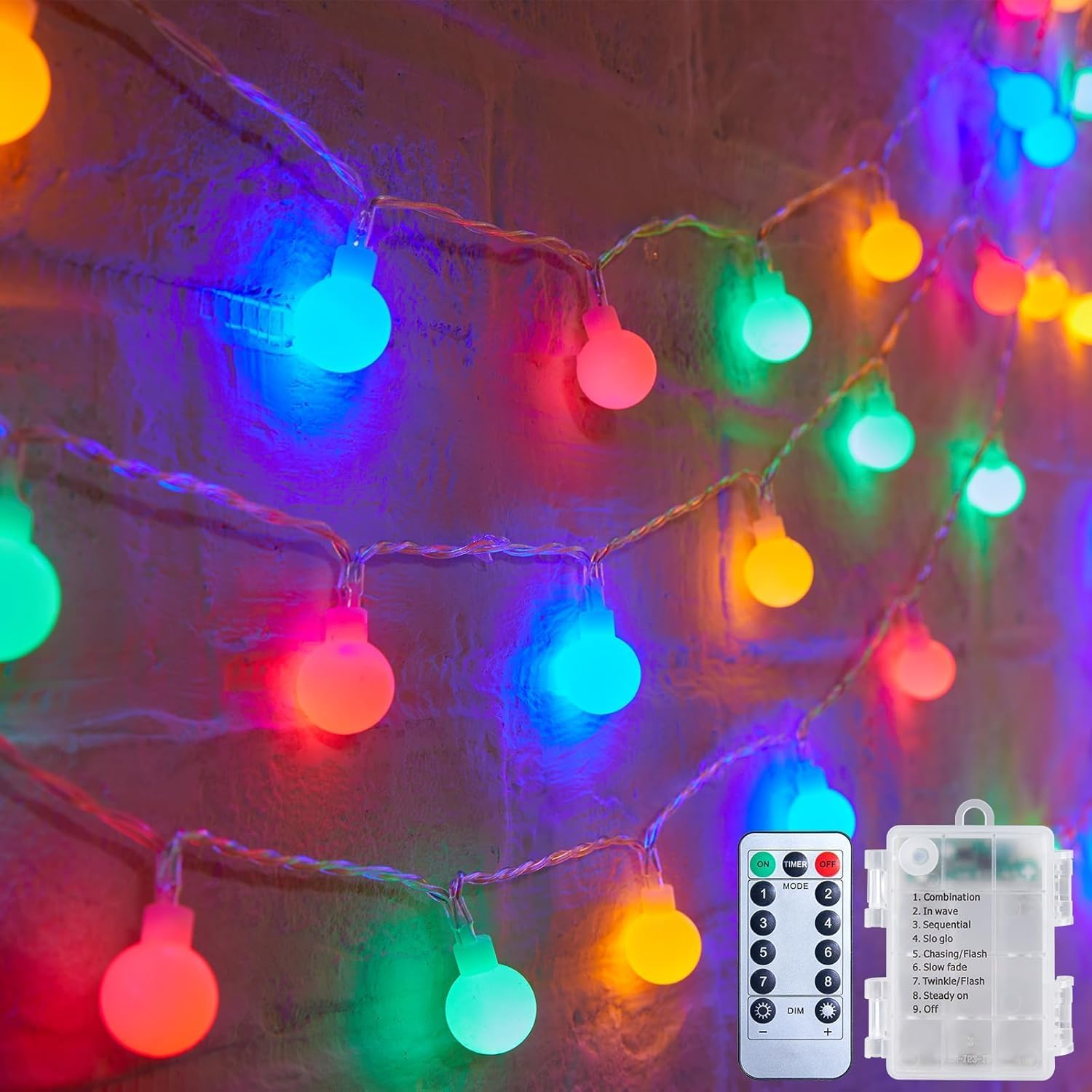 Fairy Lights Battery Operated, 34Ft 100 Led Lights, Globe String Lights, Waterproof 8 Modes with Remote Mini Lights for Indoor Outdoor Bedroom Party Wedding Garden Christmas Tree Decor, Colorful image number 6