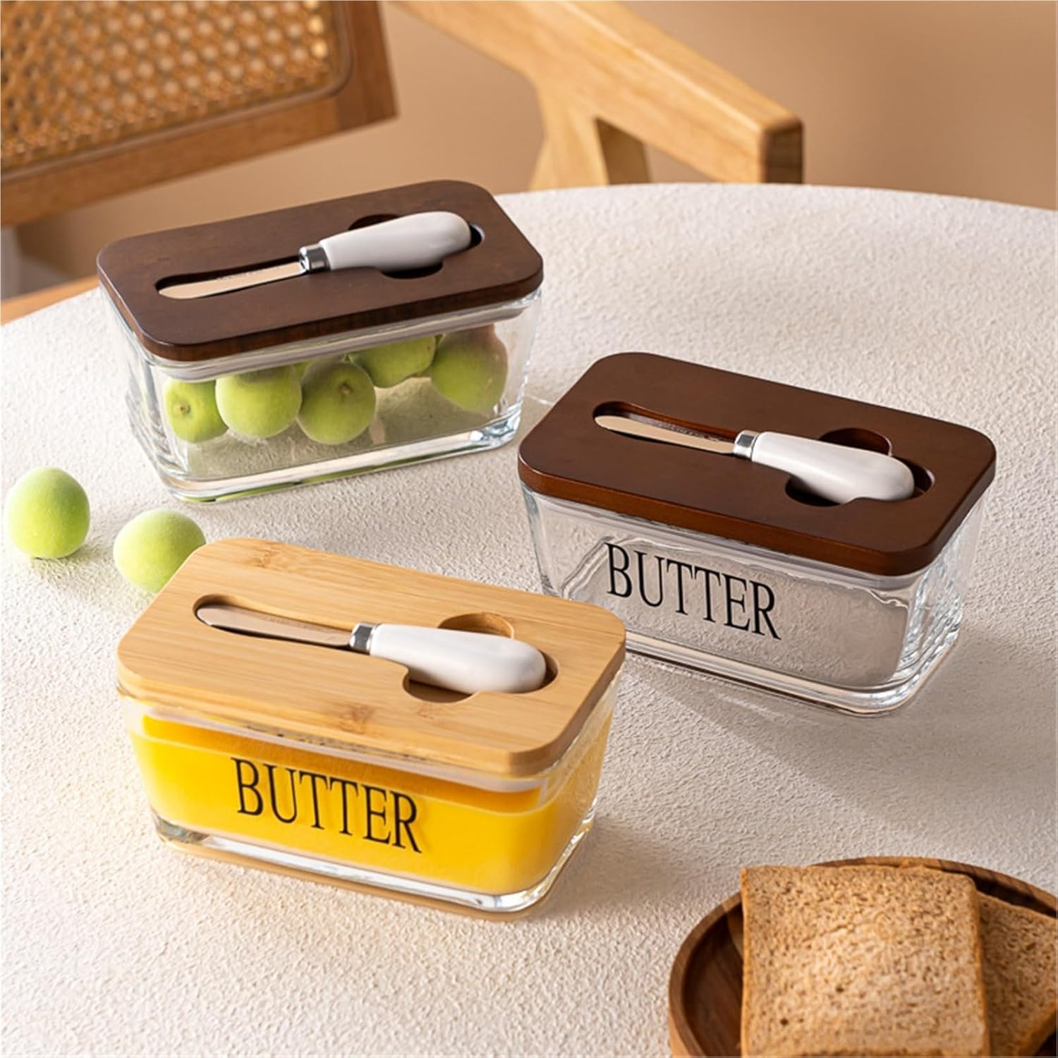 AVITONG Glass Butter Dish with Lid and Spreader, 600Ml Large Capacity Butter Keeper with Bamboo/Walnut Wooden Lid, Stackable Storage Container image number 5