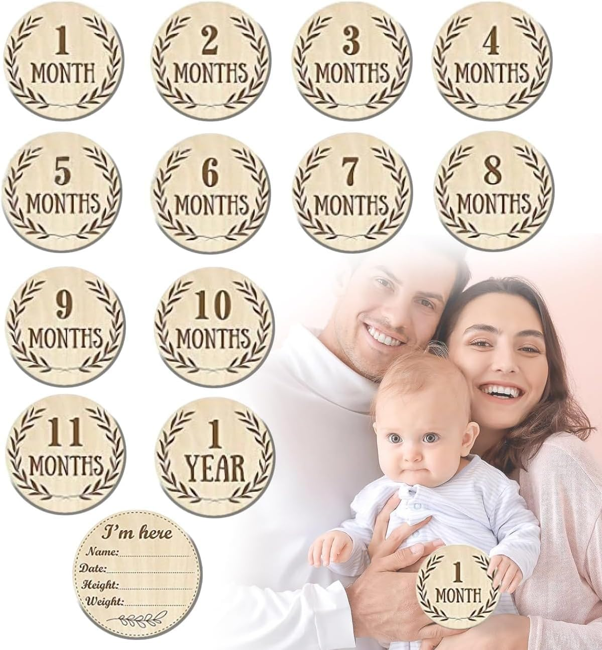 Baby Monthly Milestone Cards Sign, 13Pcs Wooden Monthly Milestone Cards Baby Announcement Cards Baby Monthly Milestone Discs, Baby Growth and Pregnancy Growth Cards,Wooden Baby Milestone Cards Discs
