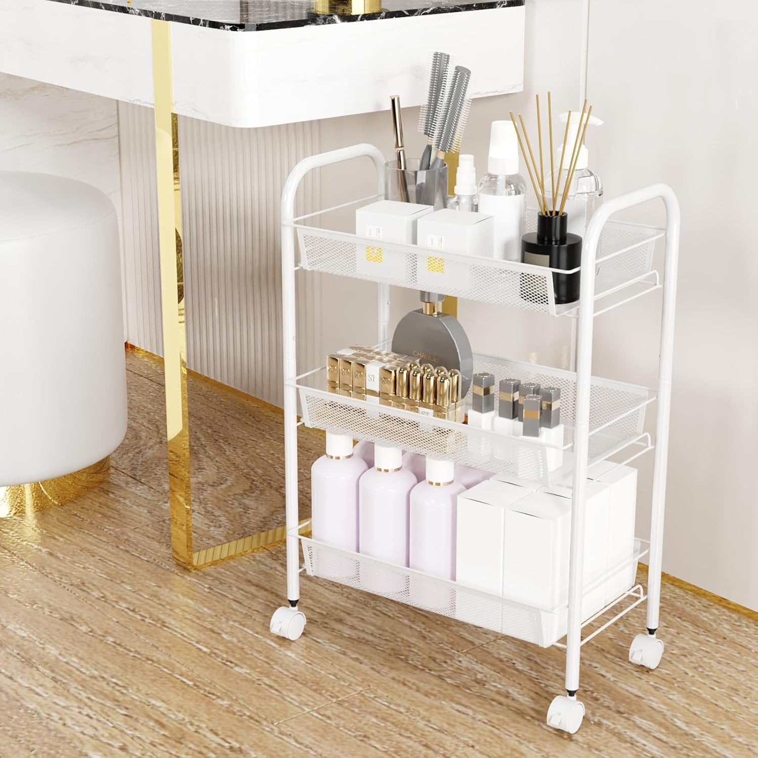 3-Tier Metal Storage Trolley, Rolling Cart, Mesh Storage Cart, Mobile Storage Trolley, Portable, Stable and Easy to Set Up, Bedroom Kitchen Bathroom Toilet Living Room Storage Cart, Metal, White image number 2