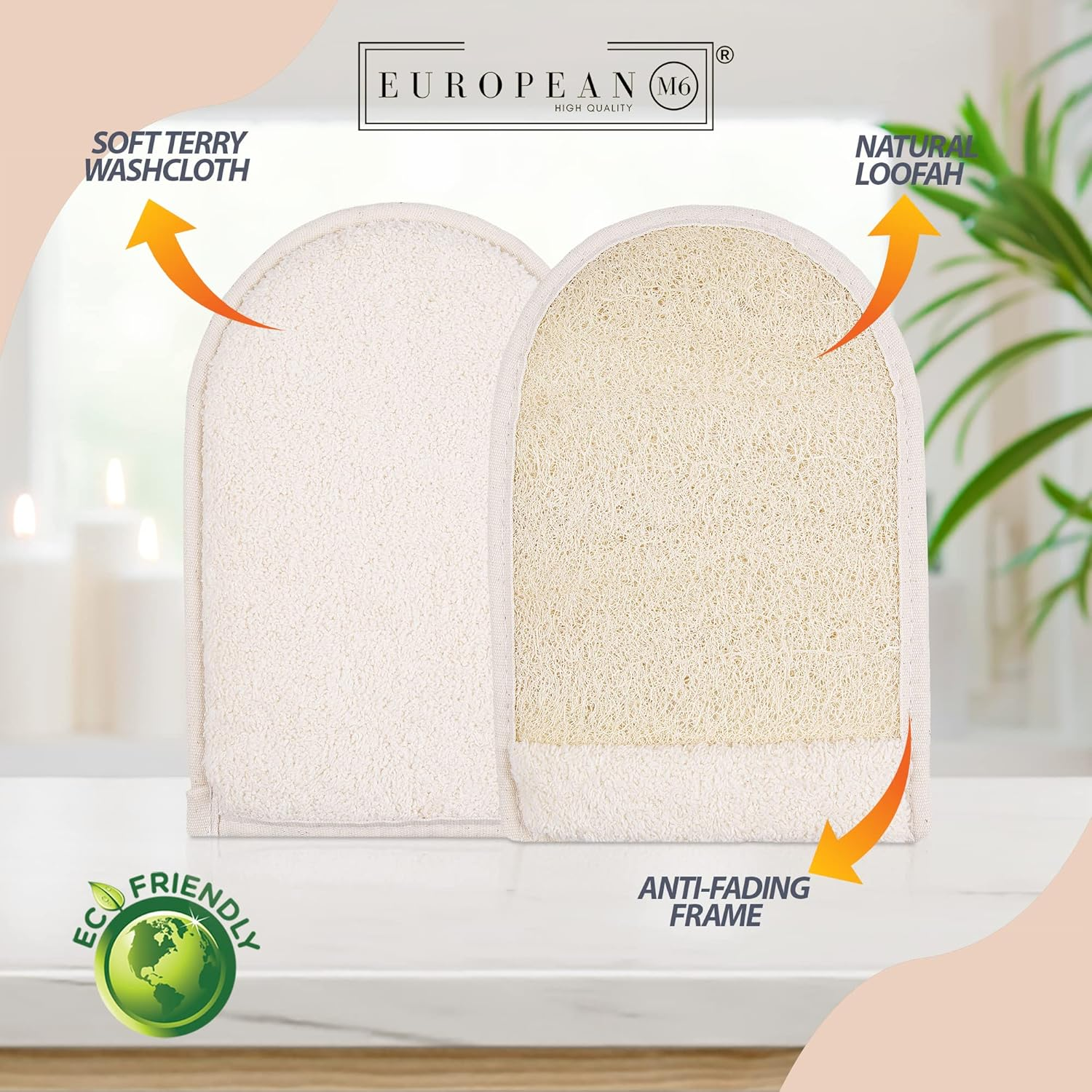 EUROPEAN M6 Loofah Exfoliating Body Scrubber - Dual Side Big Size Exfoliator Bath Sponge Glove, Natural Organic Large Luffa for Women and Men Deep Exfoliation Loofa Wash Mitt Fit Perfect in Your Hand