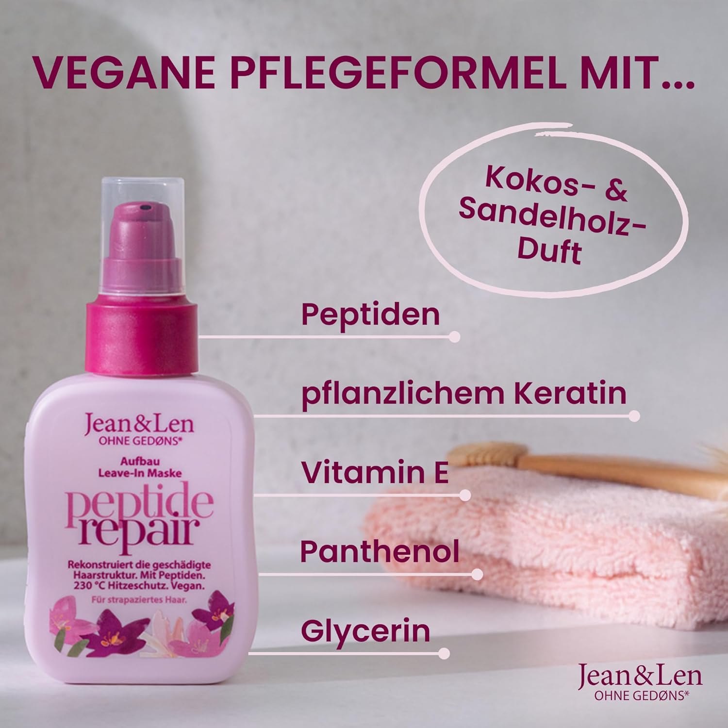 Jean & Len Leave-In Hair Mask Peptide Bond Repair for Damaged & Damaged Hair, Reconstructs & Repairs Hair Damage, Smoothes Hair Structure, Heat Protection up to 230 &deg;C, Vegan Hair Care, 100 Ml image number 3