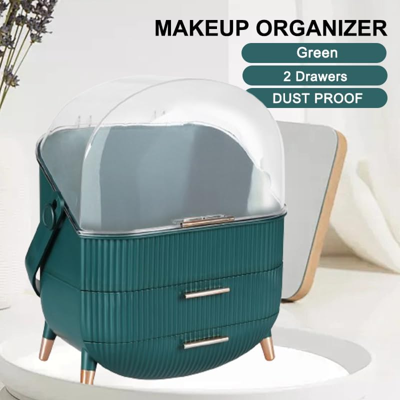Leona Co Makeup Storage Organizer, Cosmetics Display Case Holder with 2-Layer Storage Drawer Box and Transparent Lid for Bedroom Vanity Desk, Countertop, Dresser (Green)