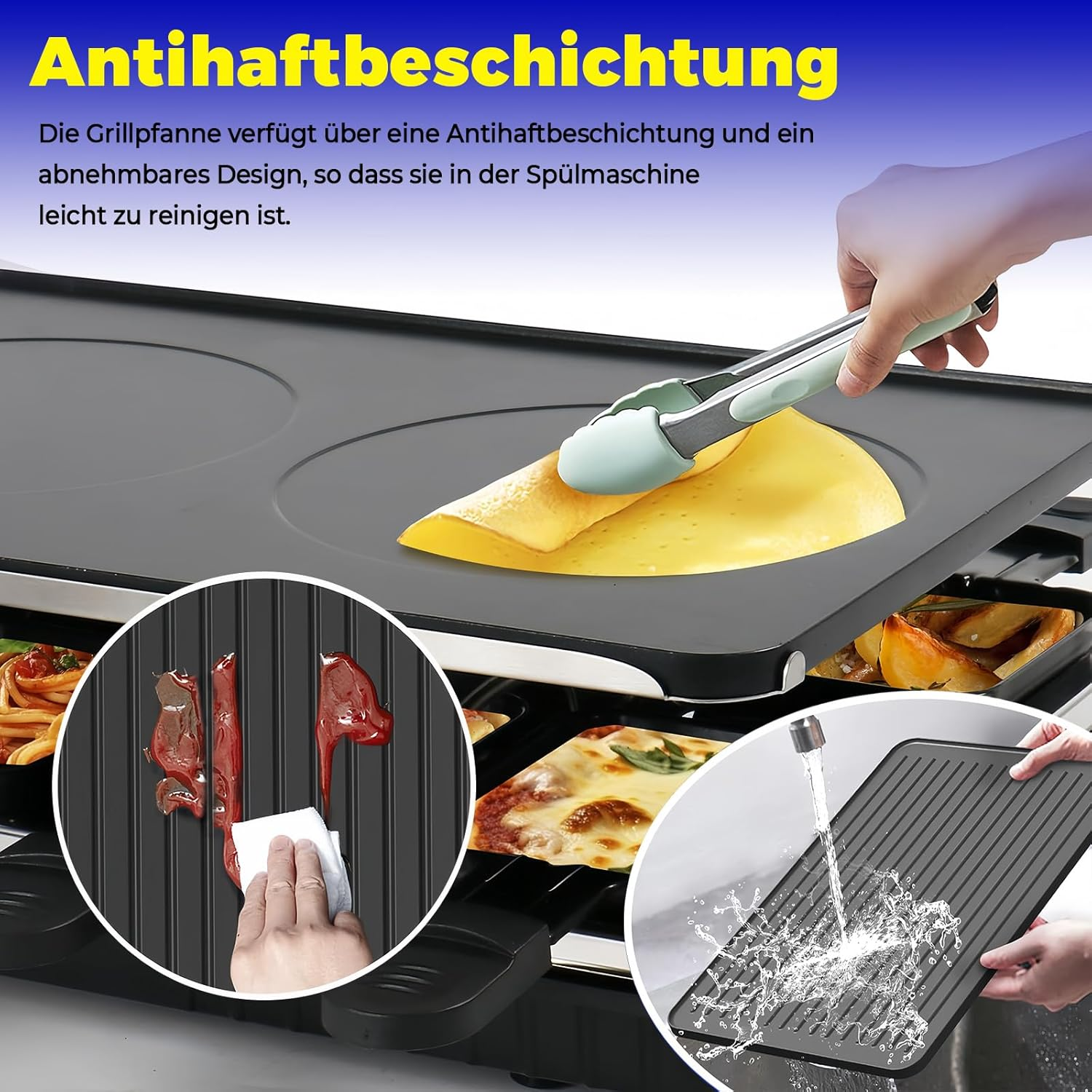 Leukoles Reversible Raclette Grill, Raclette for 8 Persons, 1300W Non-Stick Electric Grill with 8 Mini Raclette Cheese Pans & 1 Wooden Spatula, for Indoor Barbecuing in the Family image number 5