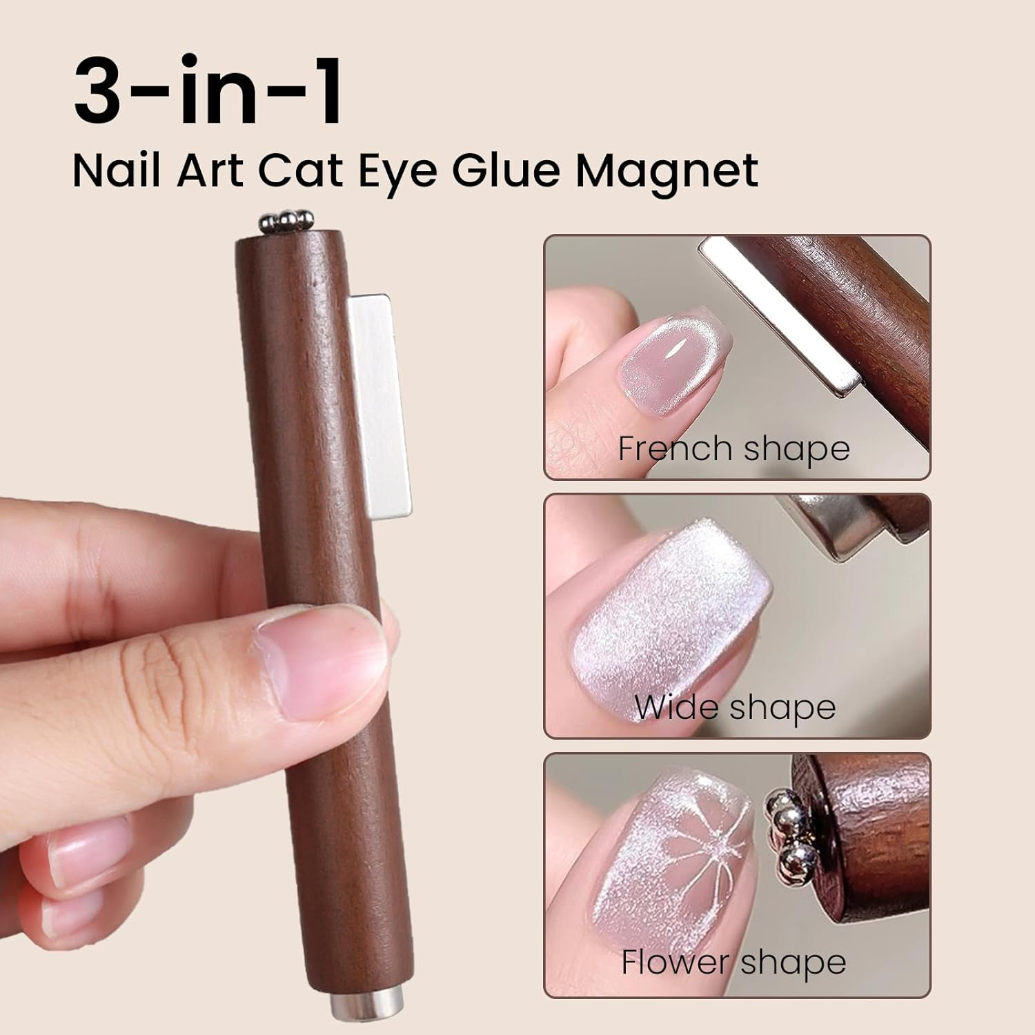 ESUOHYM 3 in 1 Nail Magnet for Cat Eye Gel Polish with Extra 1 PCS Square Magnet, 5 PCS Paper Clips for Heart Flower and Black Hole Nail Art DIY Tools Design Walnut