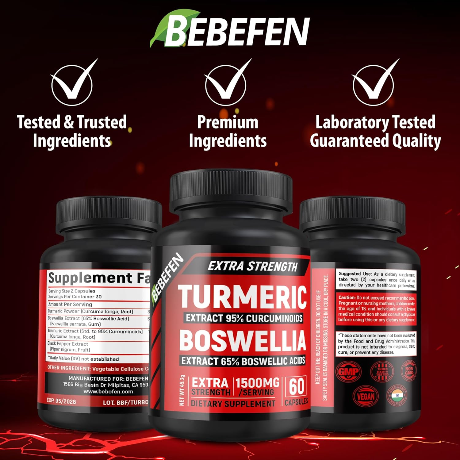 Turmeric Boswellia Extract Supplement - Extra Strength Boswellia Serrata with Turmeric Curcumin - 95% Curcuminoids and 65% Boswellic Acid - Vegan Pills - 60 Tumeric Caps image number 5