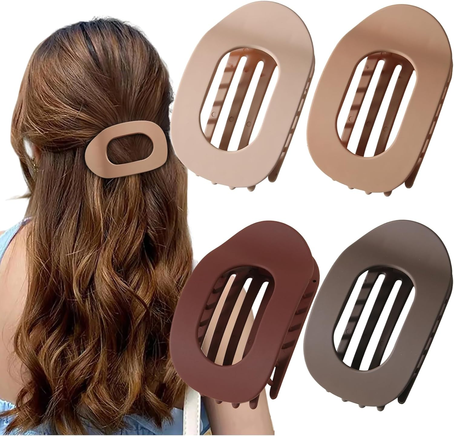 4 PCS Flat Hair Clips, French Design Flat Hair Claws, Flat round Clip for Women, Strong Hold No Slip Grip Hair Claw Clips for All Hair Textures, Medium Classic Hair Barrettes (Matte)