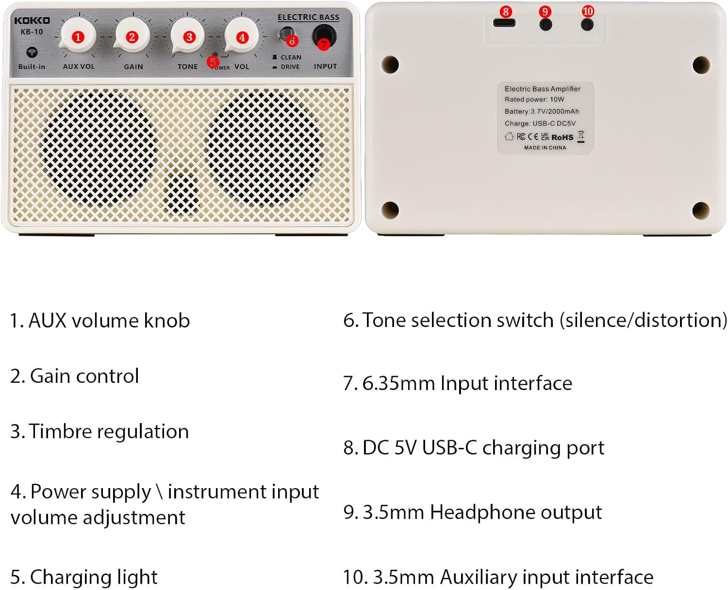 10W Small Electric Bass Amp Portable Bass Guitar Practice Speaker for Daily Practice Street Performances Rechargeable Portable O Supports Bt/Headphone Connection 6.35Mm Interface Plug And image number 2