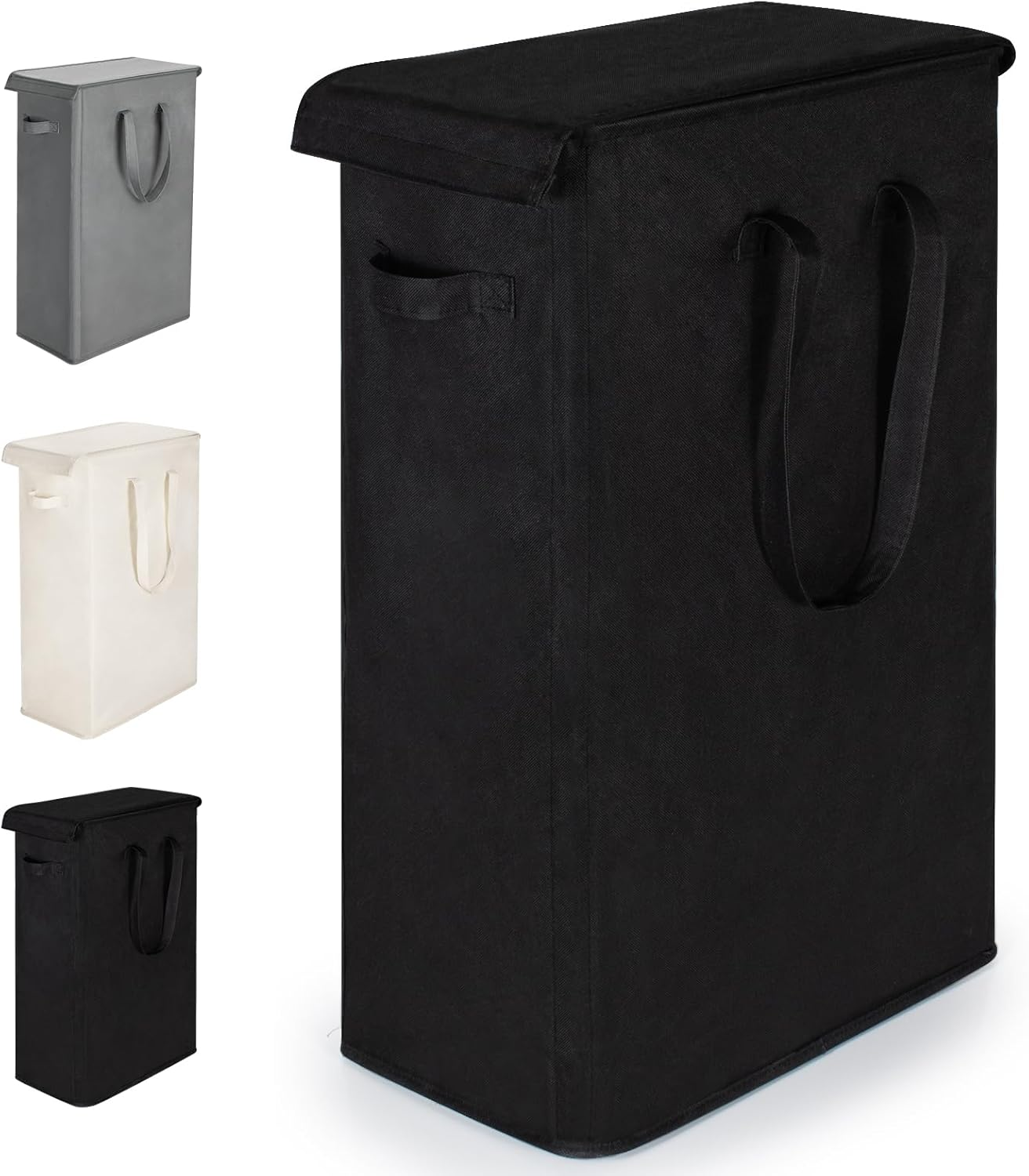 Slim Laundry Hamper with Lid 55L Thin Dirty Clothes Basket with Long Handle, Narrow Laundry Bag, Foldable Dirty Hamper, Narrow Dirty Clothes Hamper for Closet and Bathroom, Black image number 4