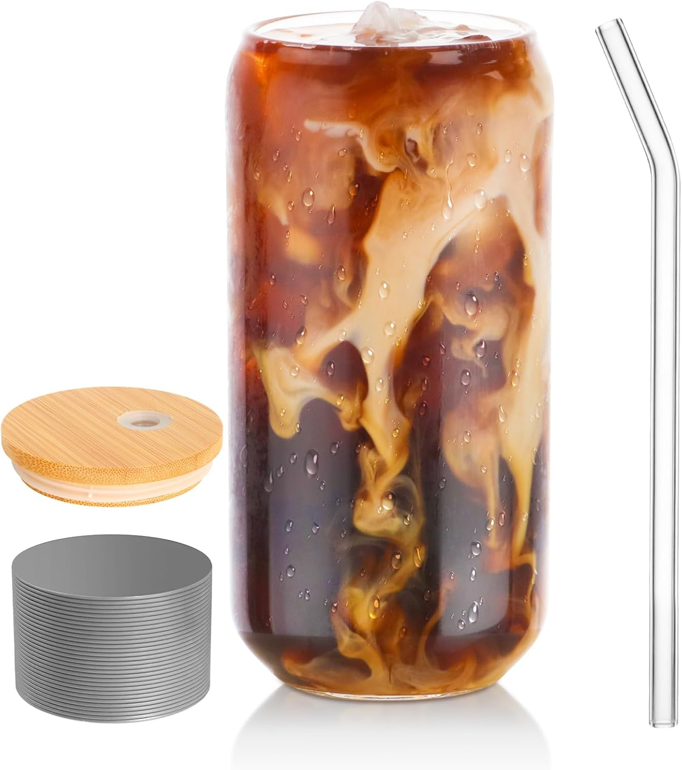 Drinking Glass Set of 4, 500Ml Can Shaped Glasses Cups, Iced Coffee Glasses, Beer Tumbler, for Whiskey, Soda, Tea, Juice, Gift, with Lid, Straw and Sleeve