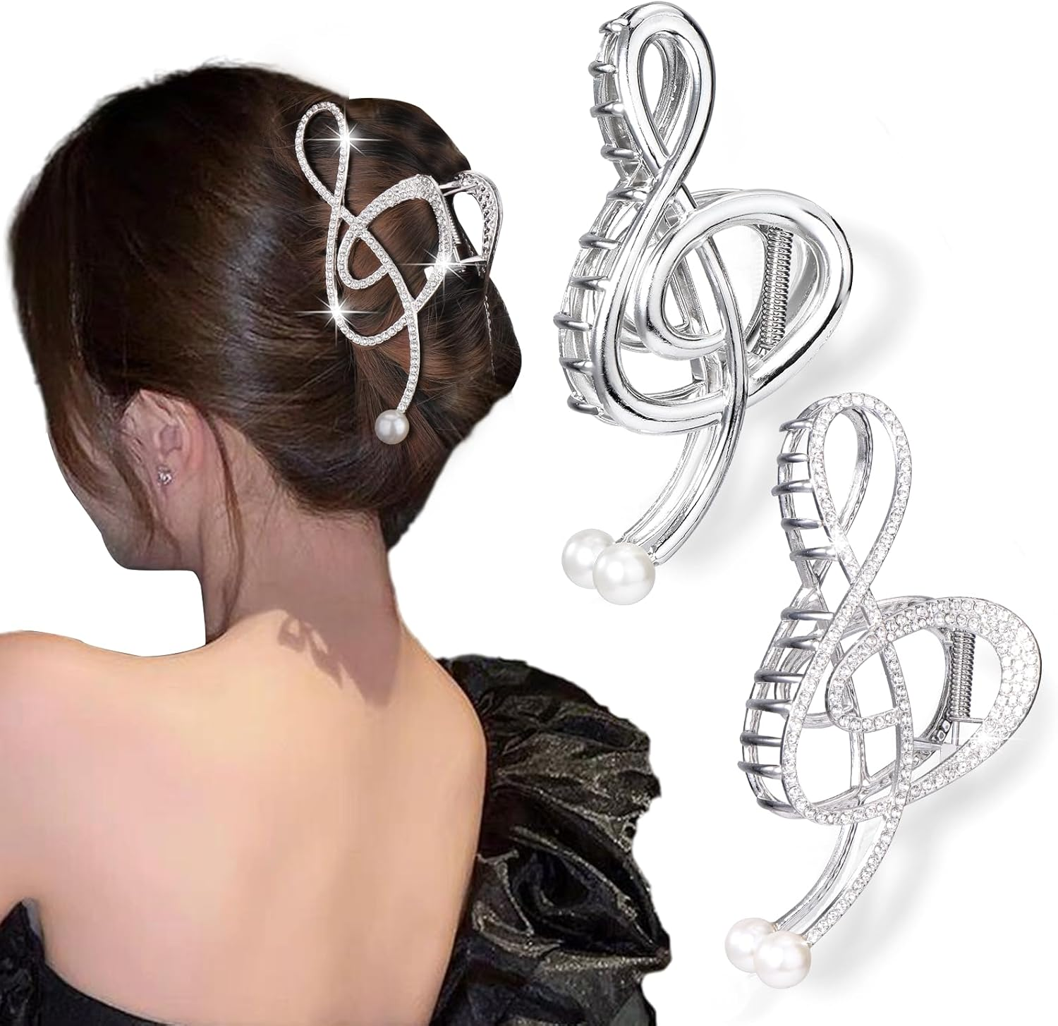 Vodolo Treble Clef Hair Clip,2Pcs Treble Clef Claw Clip for Women Girls,Metal Music Note Hair Claws with Pearl image number 3